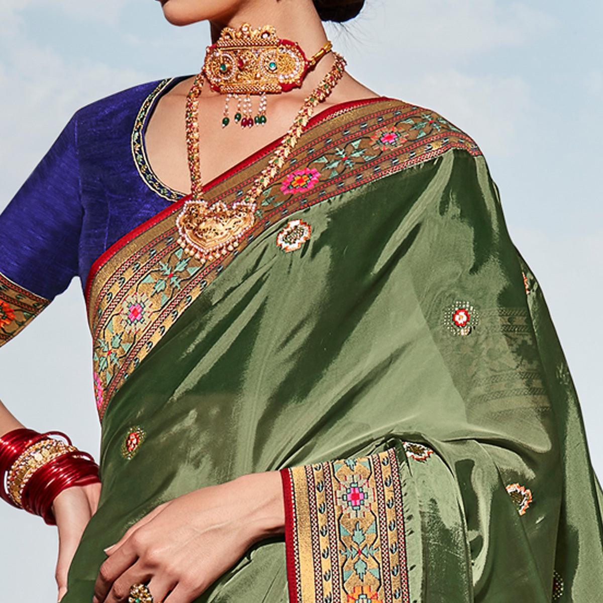 Green Festive Wear Floral Woven Silk Saree - Peachmode