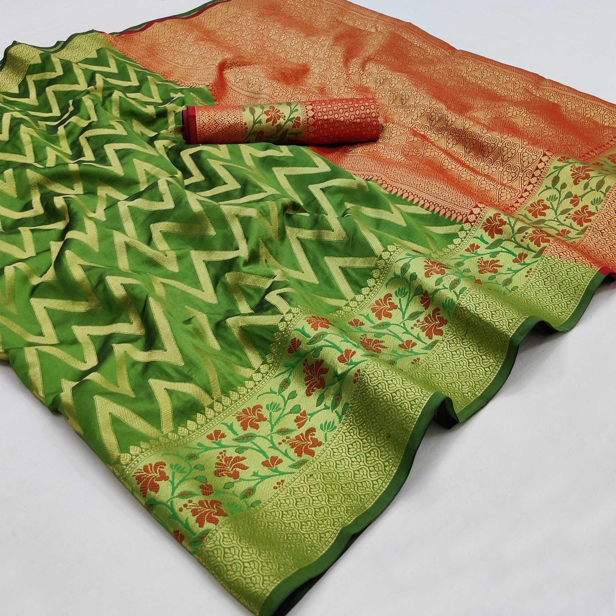 Green Festive Wear Floral Woven Silk Saree - Peachmode