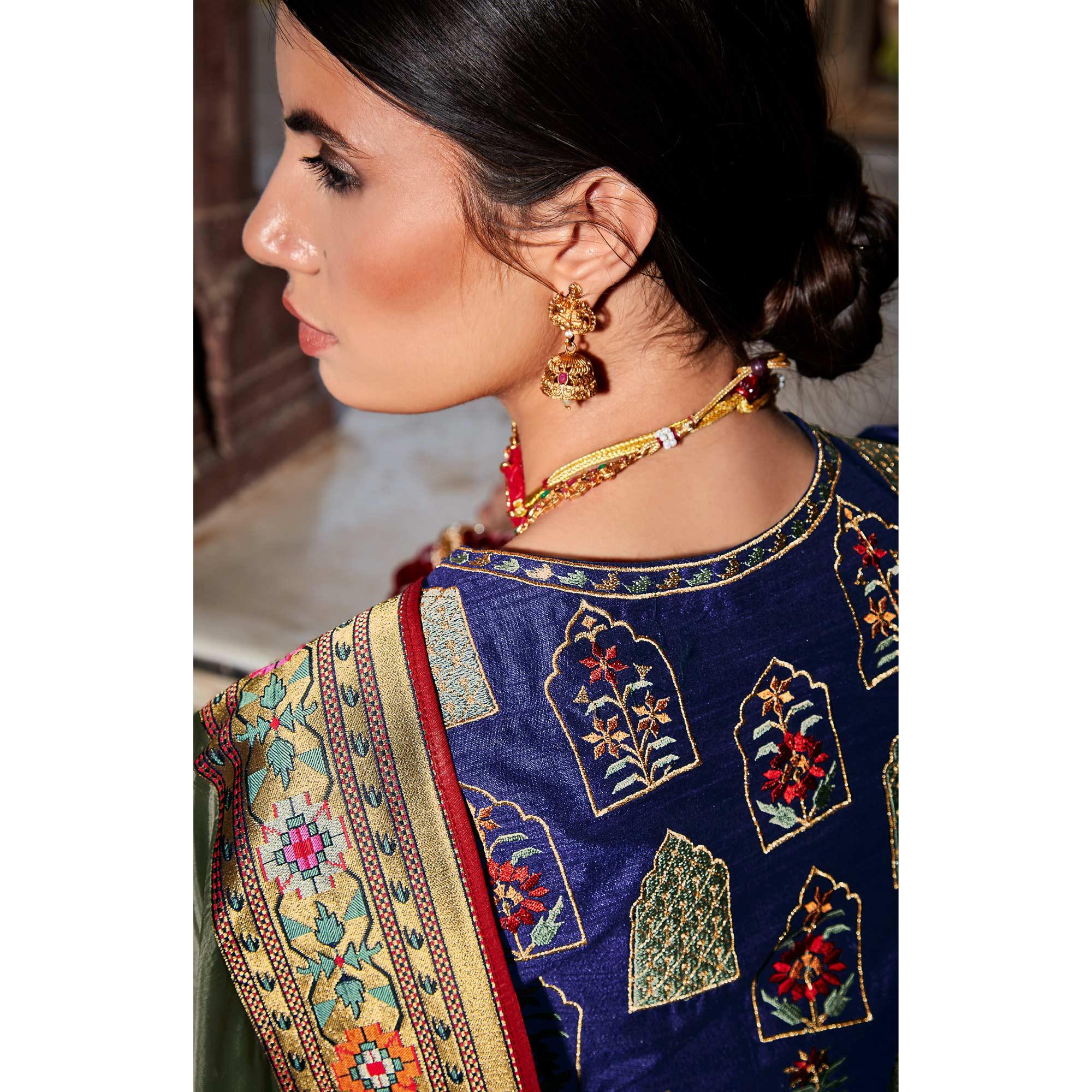 Green Festive Wear Floral Woven Silk Saree - Peachmode