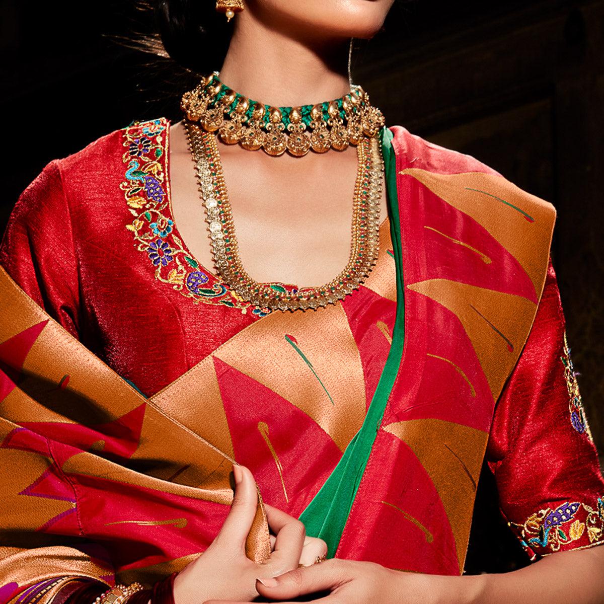 Green Festive Wear Floral Woven Silk Saree - Peachmode