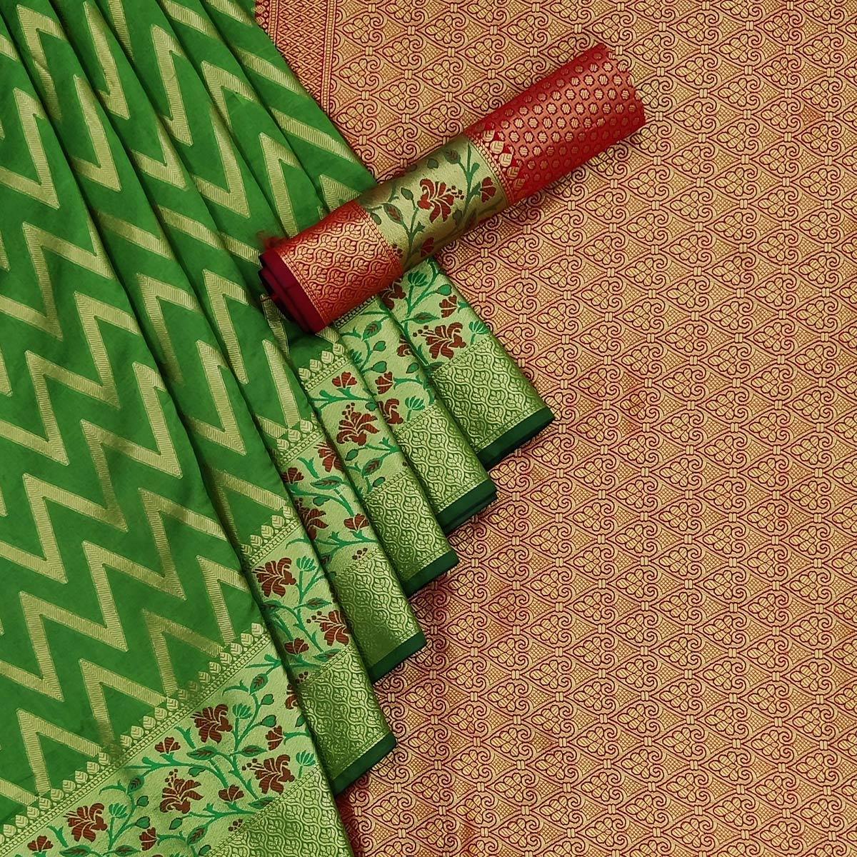 Green Festive Wear Floral Woven Silk Saree - Peachmode