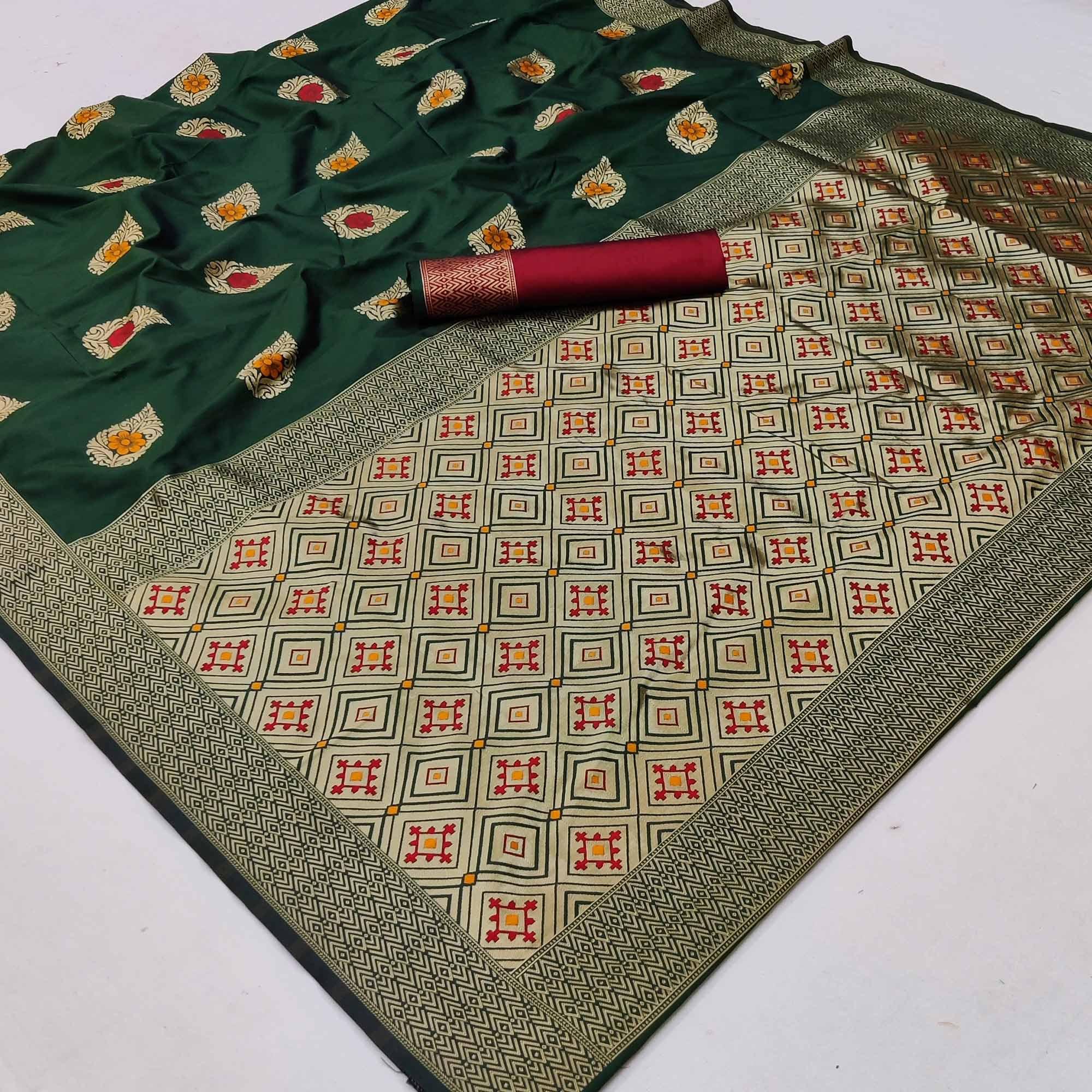 Green Festive Wear Floral Woven Soft Silk Banarasi Saree - Peachmode