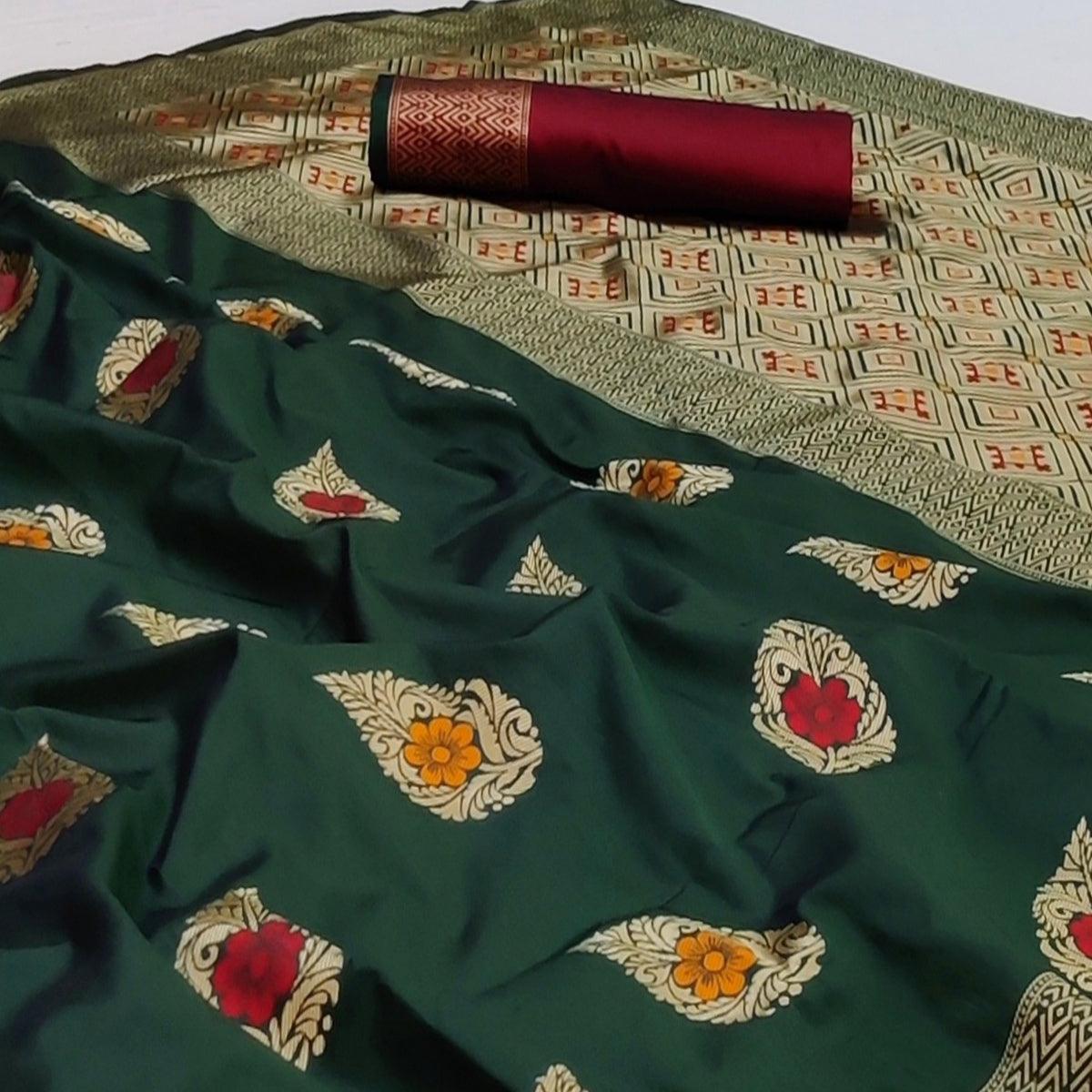 Green Festive Wear Floral Woven Soft Silk Banarasi Saree - Peachmode
