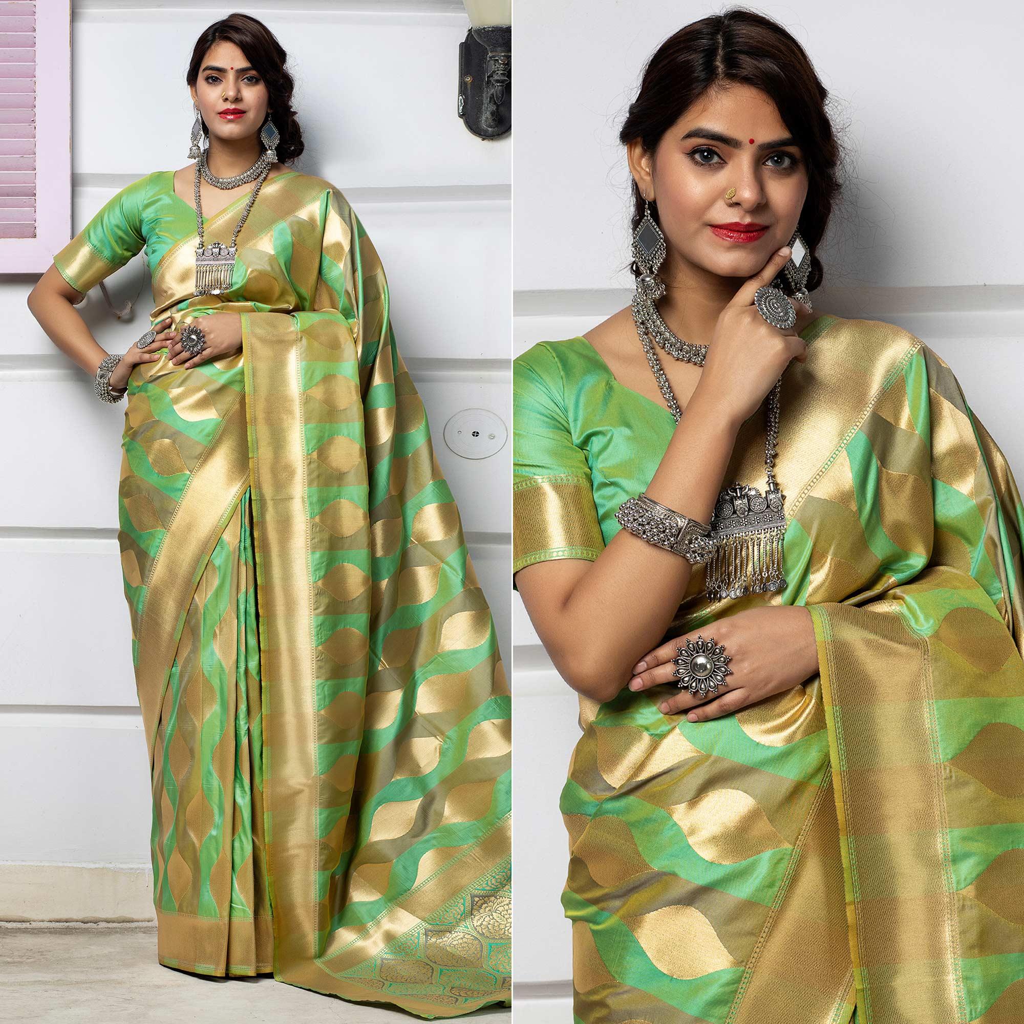 Green Festive Wear Foil Printed Banarasi Silk Saree - Peachmode