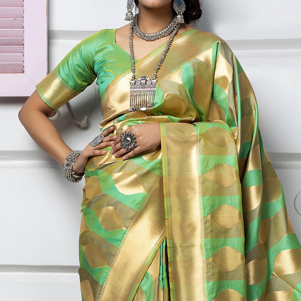 Green Festive Wear Foil Printed Banarasi Silk Saree - Peachmode