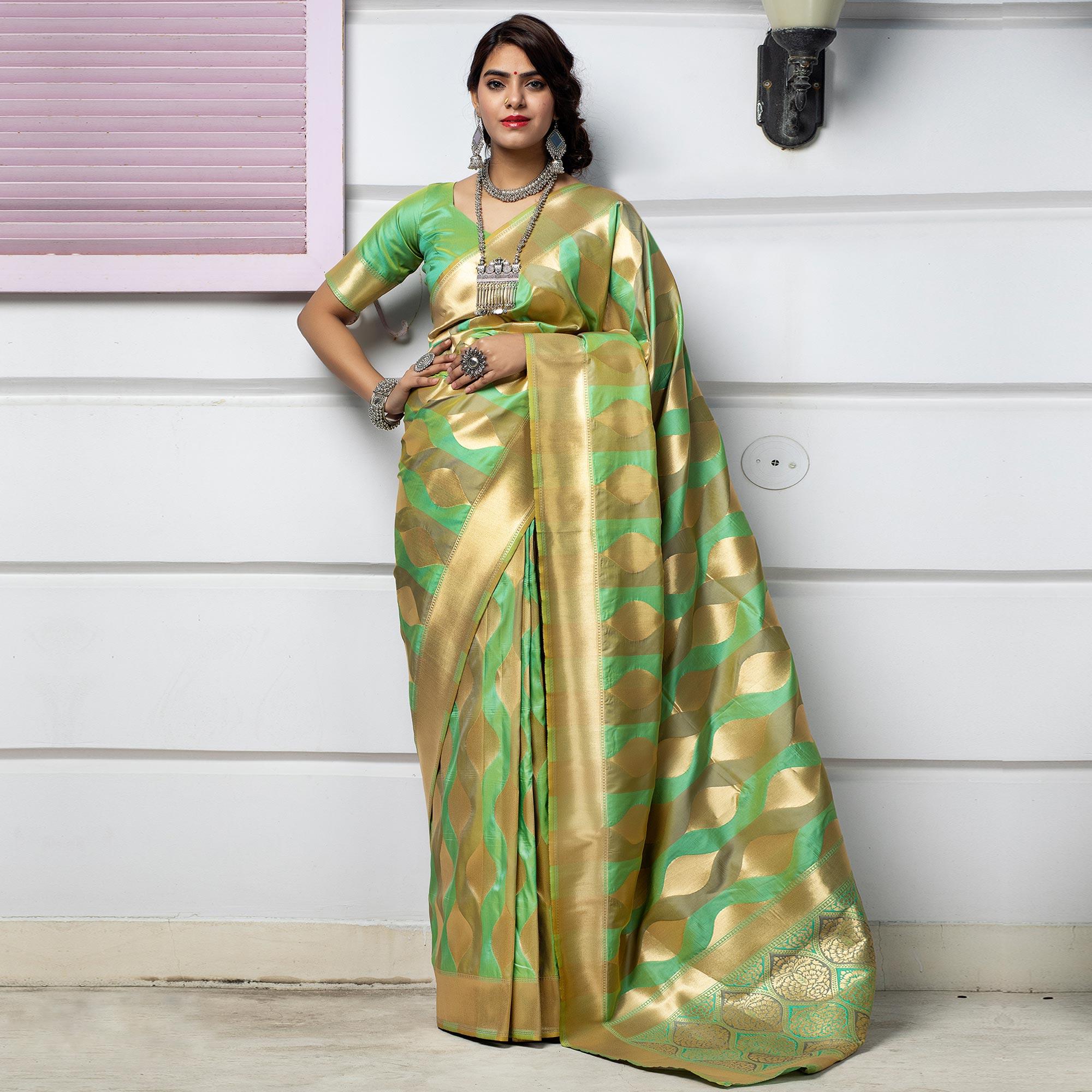 Green Festive Wear Foil Printed Banarasi Silk Saree - Peachmode