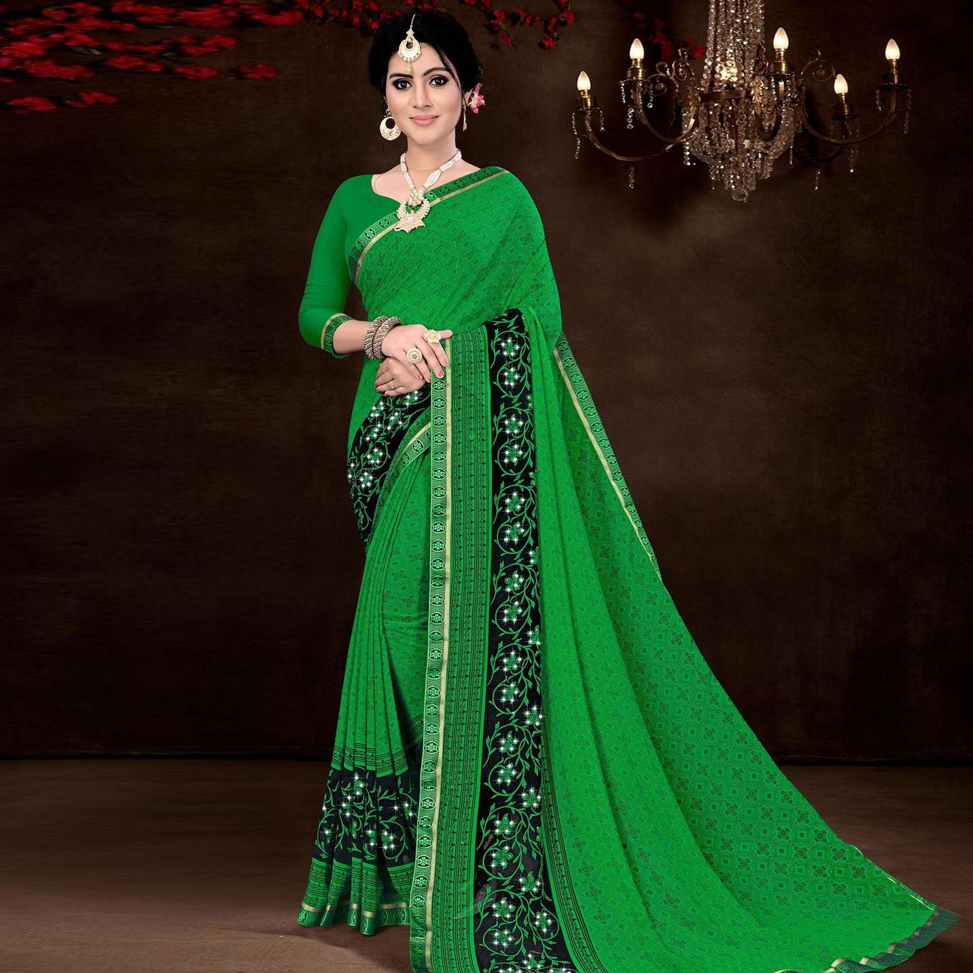 Green Festive Wear Geometric Printed Work Georgette Designer Saree - Peachmode