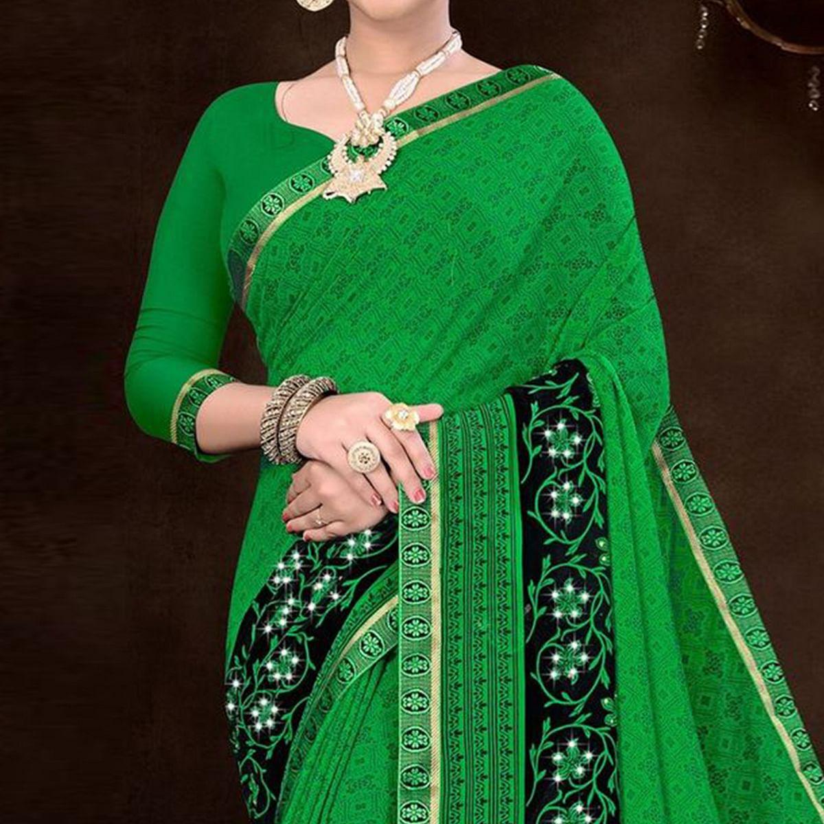 Green Festive Wear Geometric Printed Work Georgette Designer Saree - Peachmode