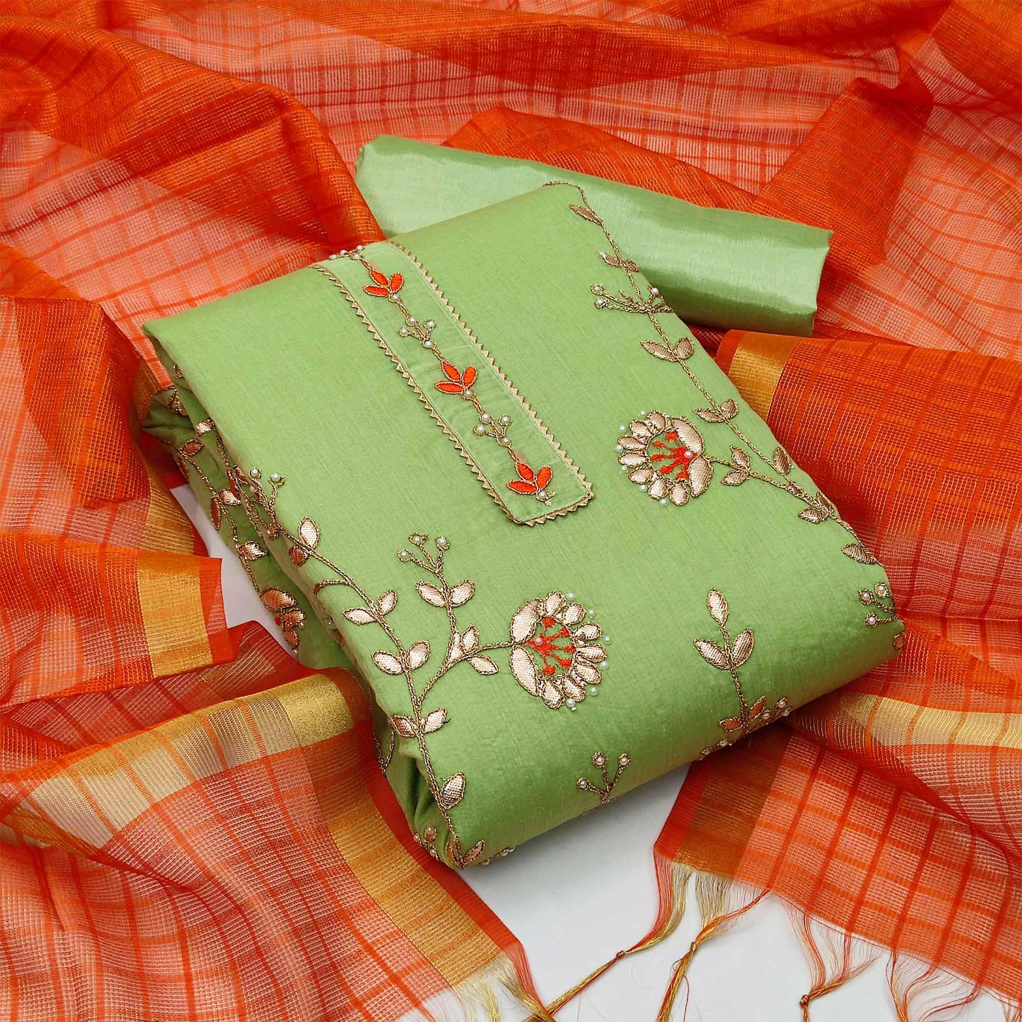 Green Festive Wear Hand Butta Work Modal Chanderi Dress Material - Peachmode