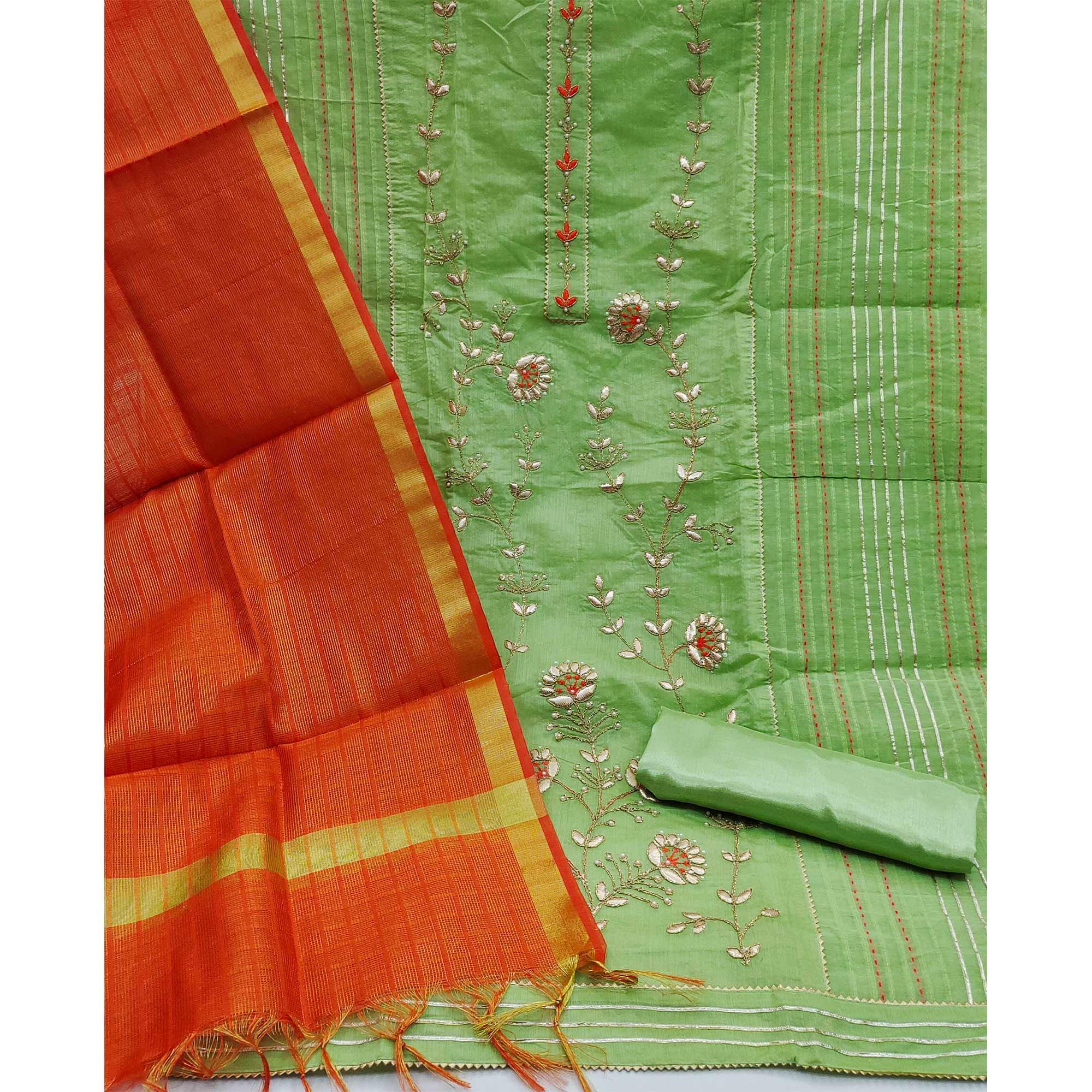 Green Festive Wear Hand Butta Work Modal Chanderi Dress Material - Peachmode