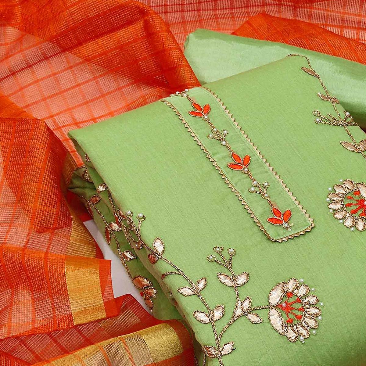 Green Festive Wear Hand Butta Work Modal Chanderi Dress Material - Peachmode