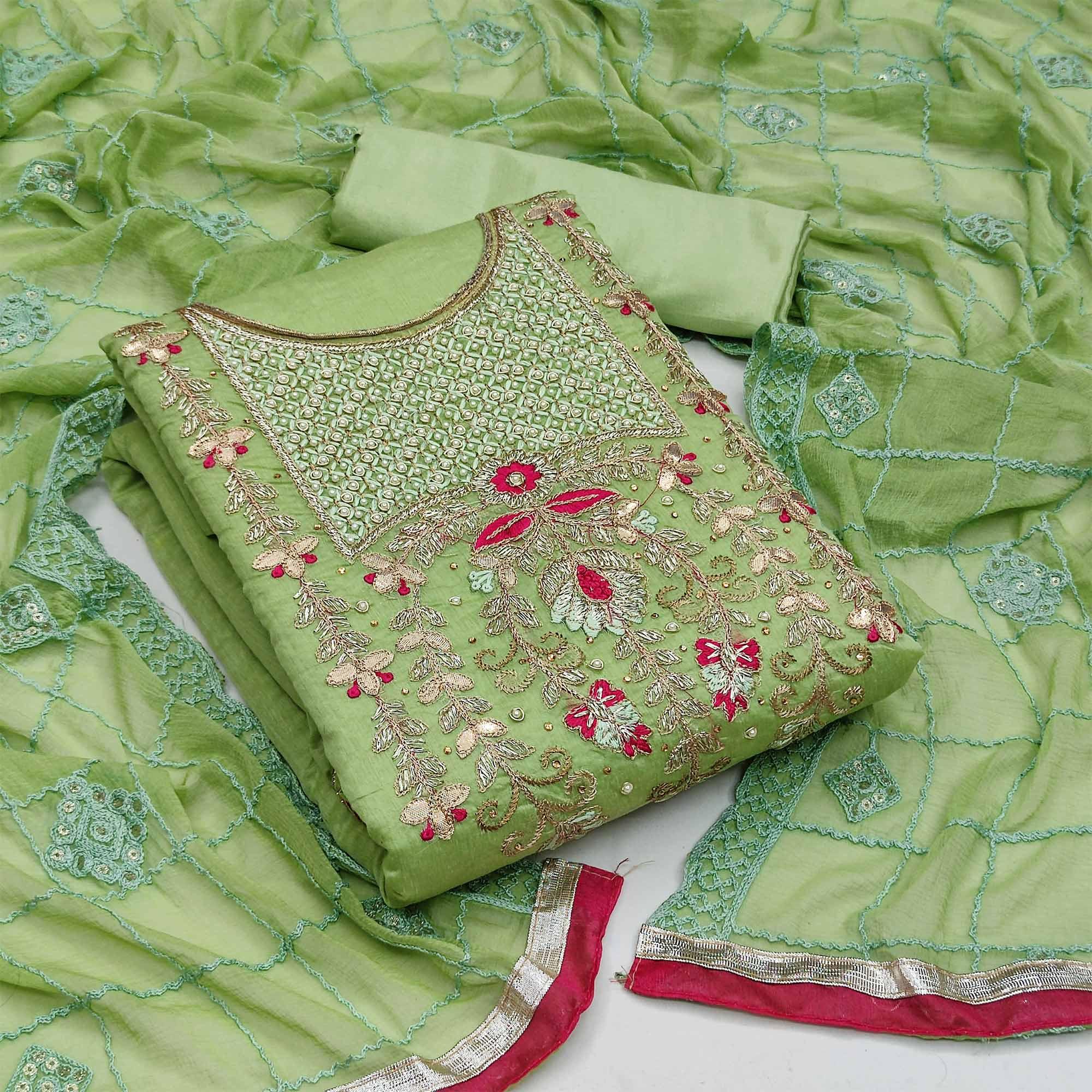 Green Festive Wear Hand Work Modal Chanderi Dress Material - Peachmode
