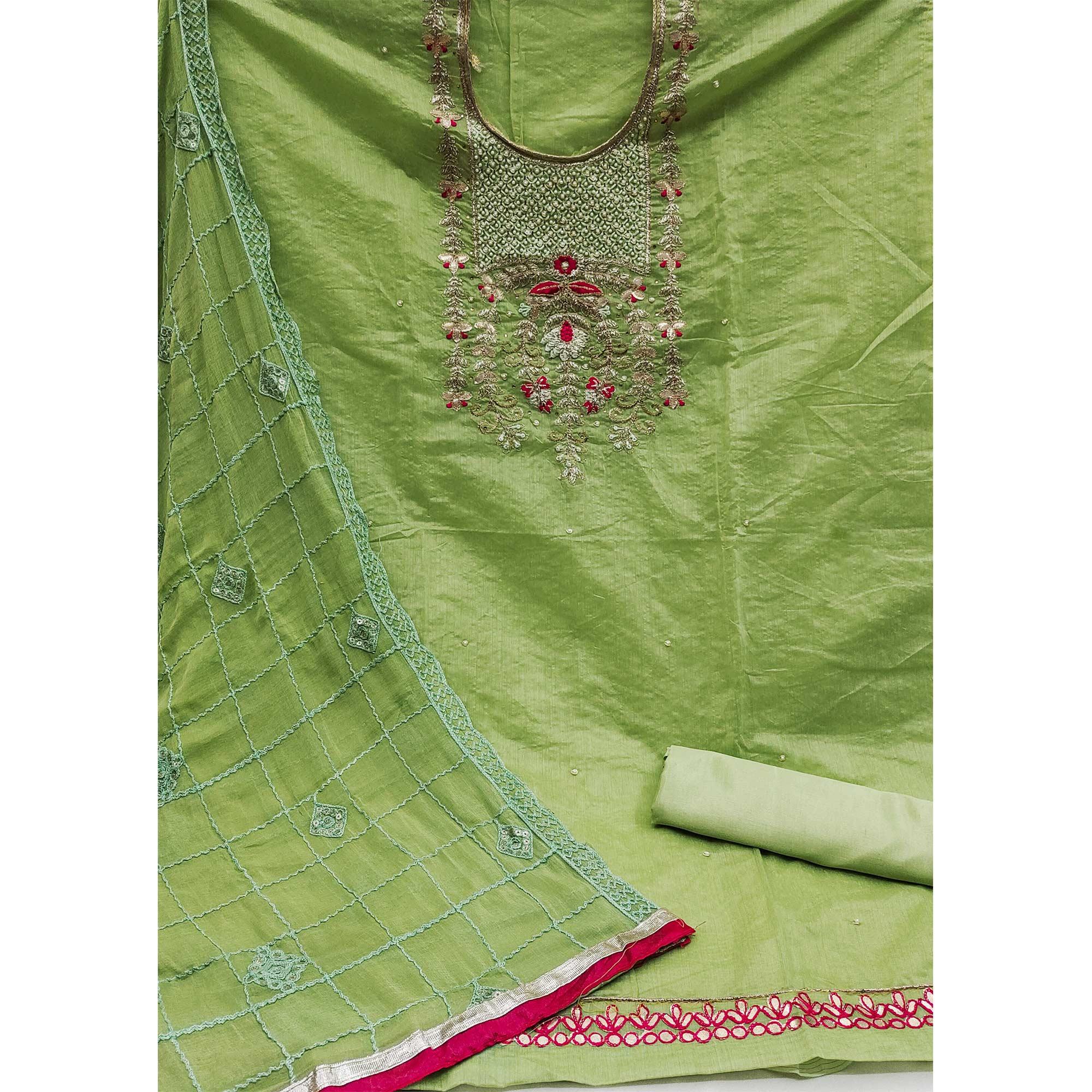 Green Festive Wear Hand Work Modal Chanderi Dress Material - Peachmode