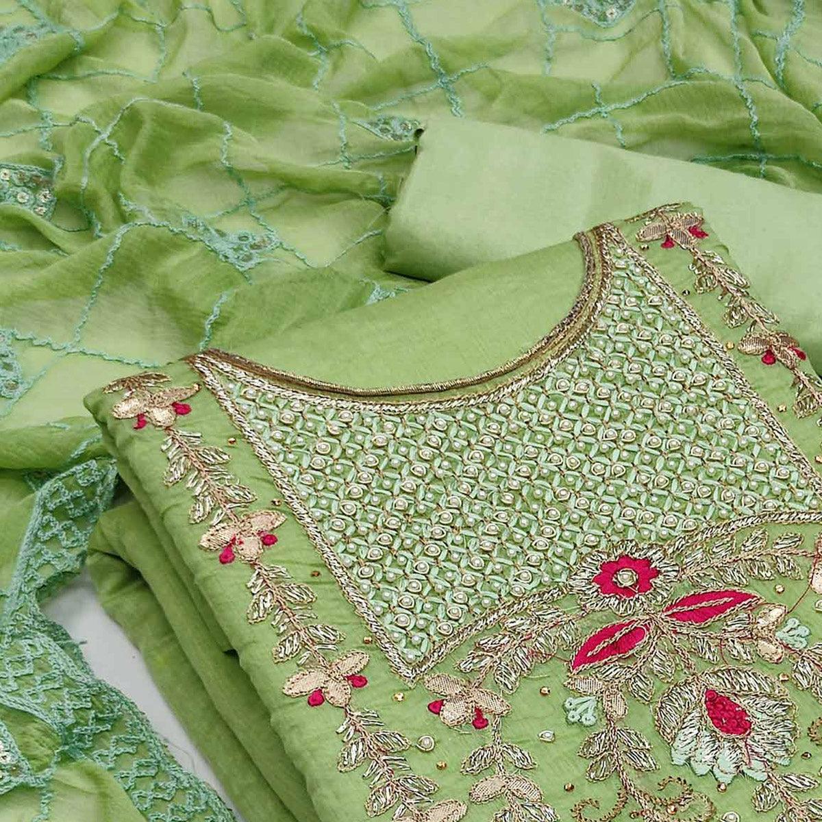 Green Festive Wear Hand Work Modal Chanderi Dress Material - Peachmode