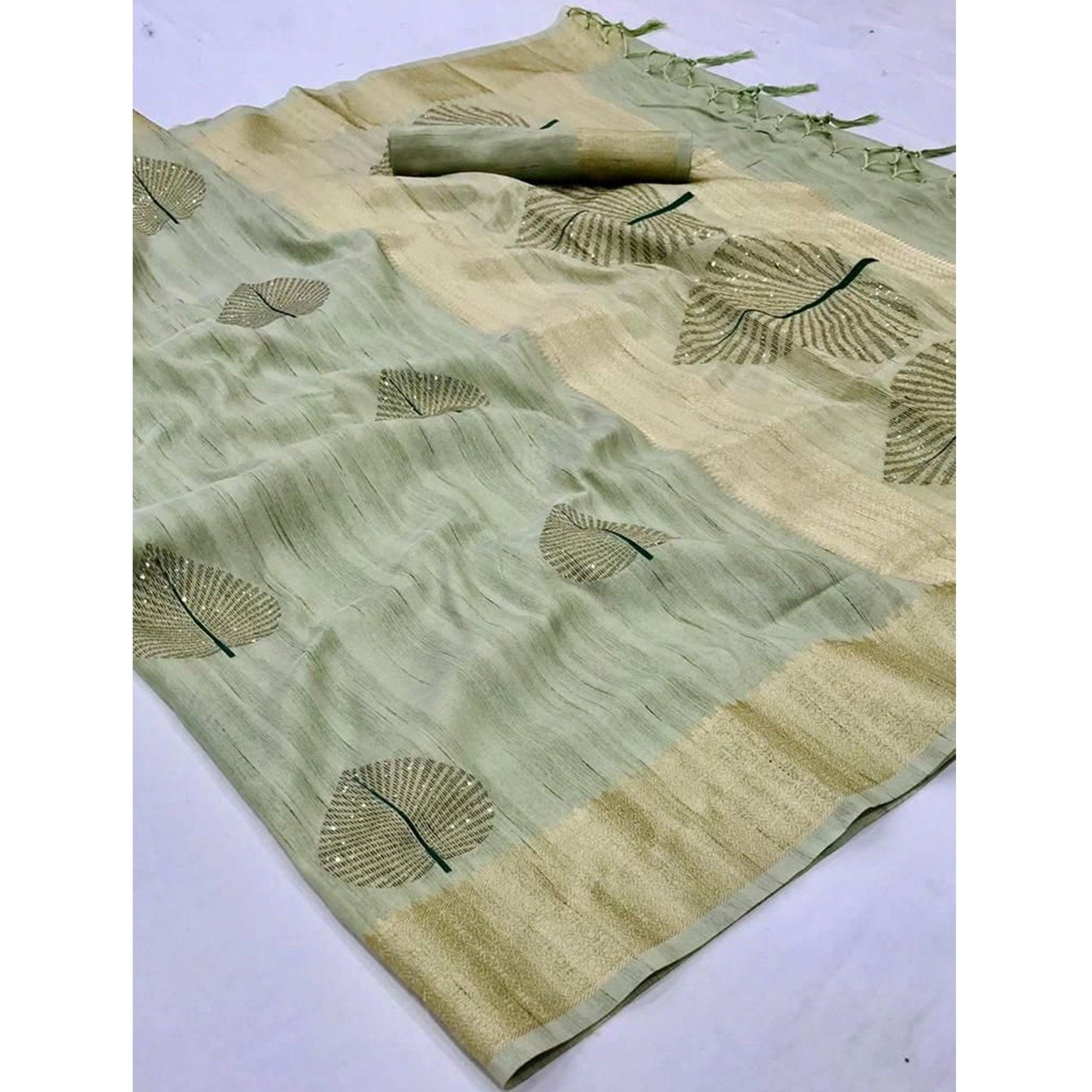 Green Festive Wear Handloom Sequence Silk Saree - Peachmode