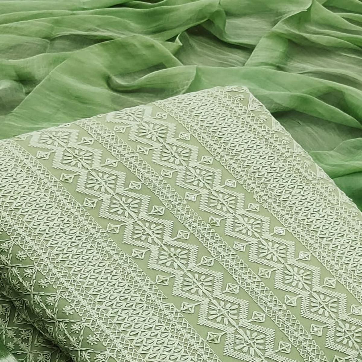 Green Festive Wear Heavy Embroidered Georgette Dress Material - Peachmode