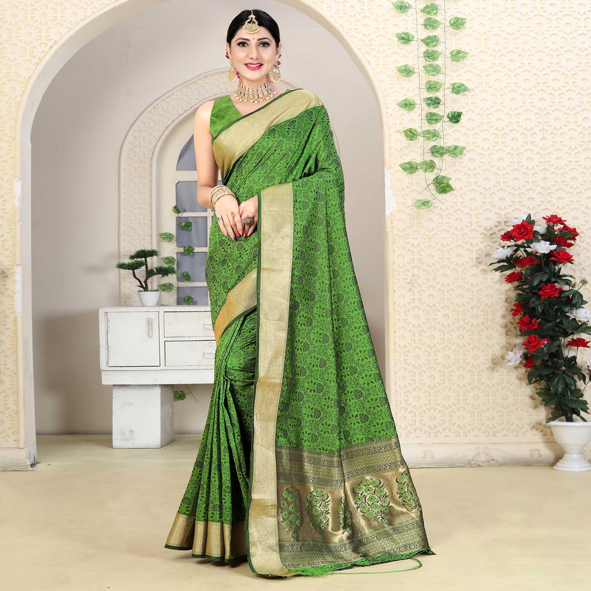 Green Festive Wear Jacquard Border Soft Silk Saree - Peachmode
