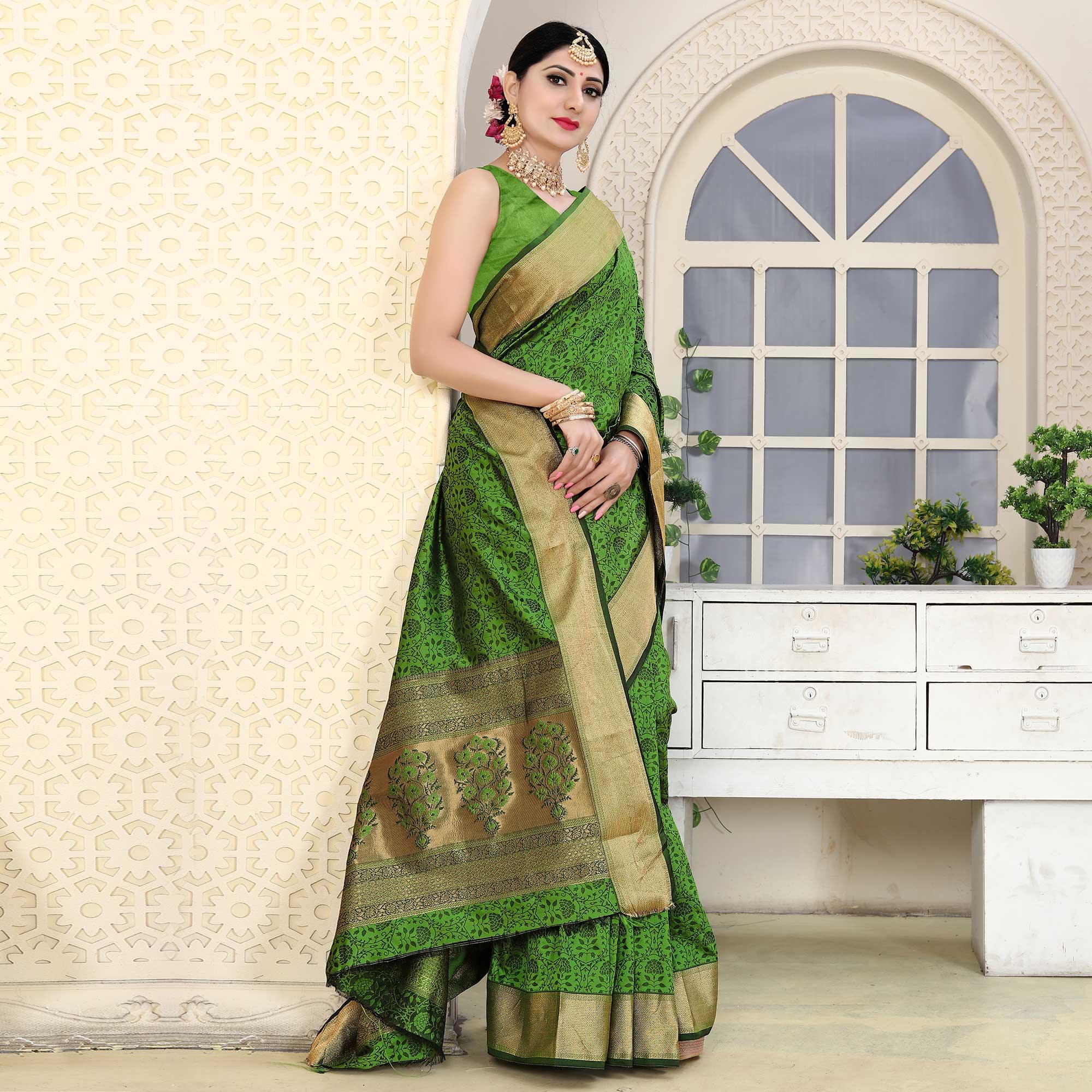 Green Festive Wear Jacquard Border Soft Silk Saree - Peachmode