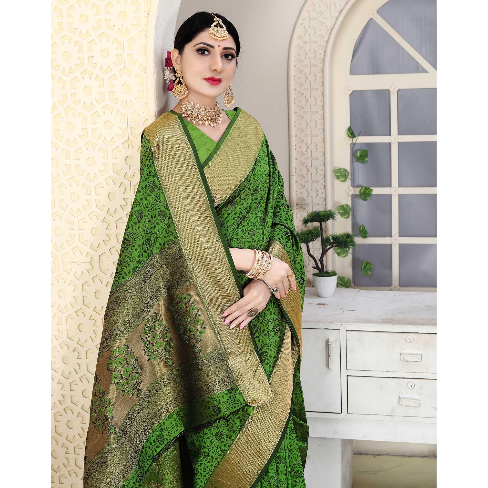 Green Festive Wear Jacquard Border Soft Silk Saree - Peachmode