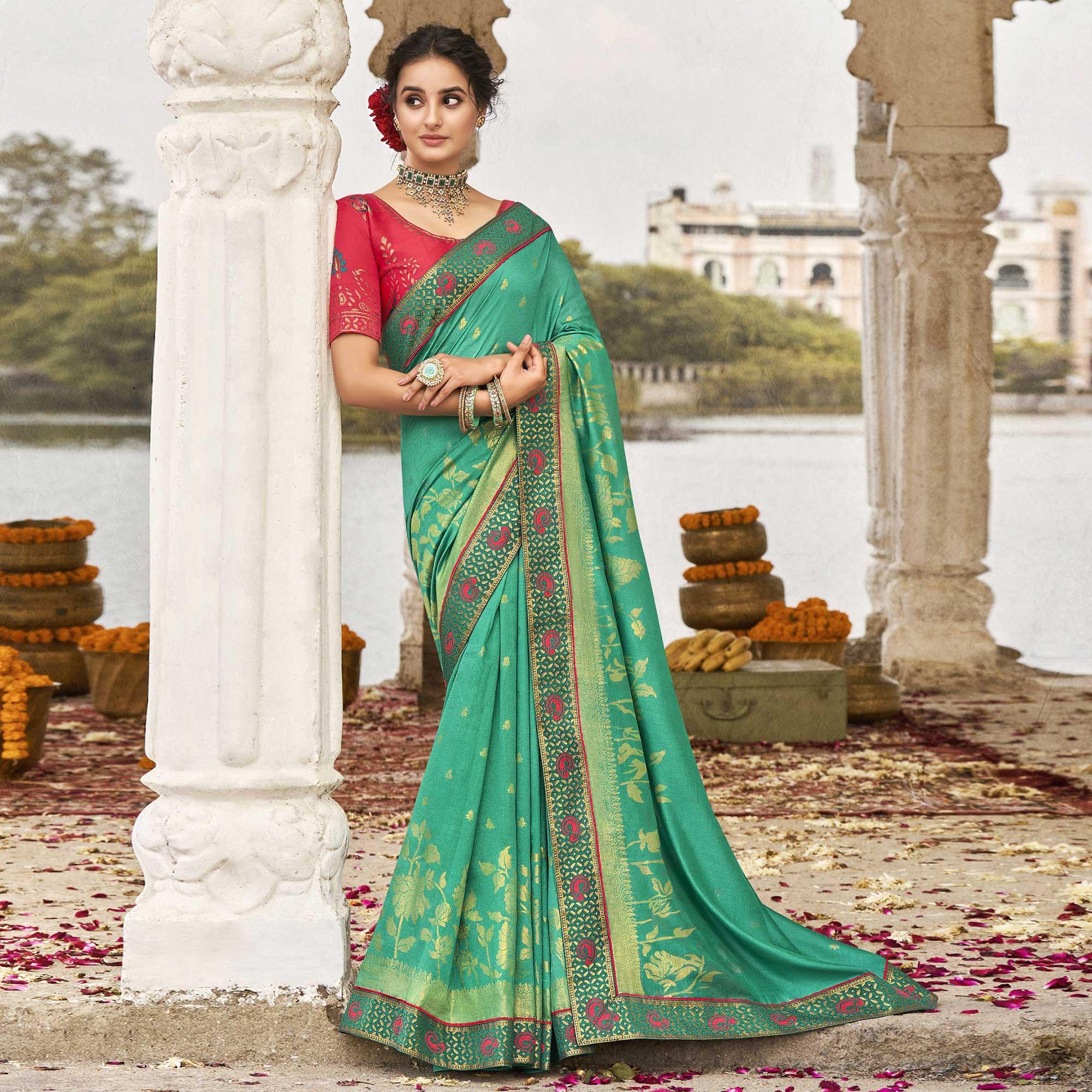 Green Festive Wear Jari Work Silk Saree - Peachmode