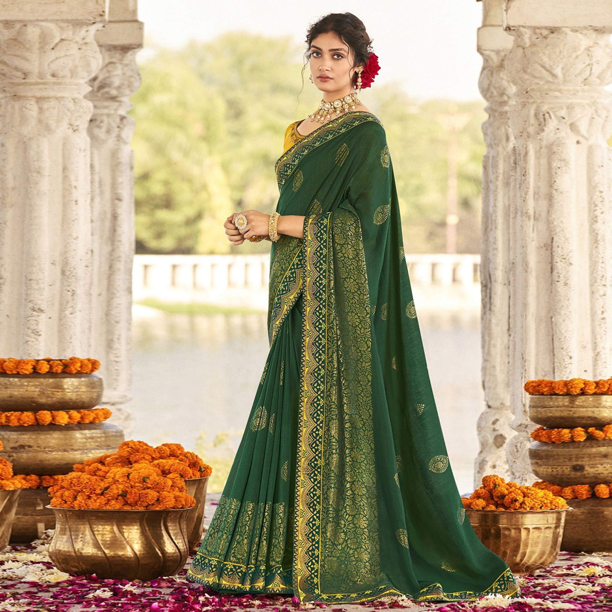 Green Festive Wear Jari Work Silk Saree - Peachmode