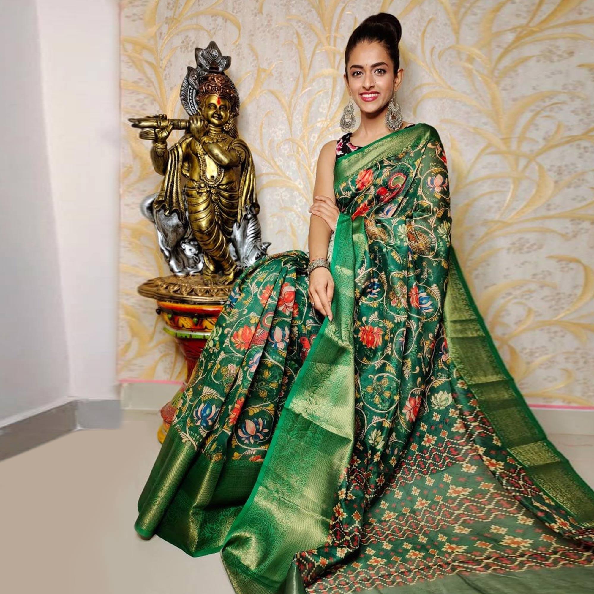 Green Festive Wear Kalamkari Printed Chanderi Silk Saree With Zari Weaving Border - Peachmode