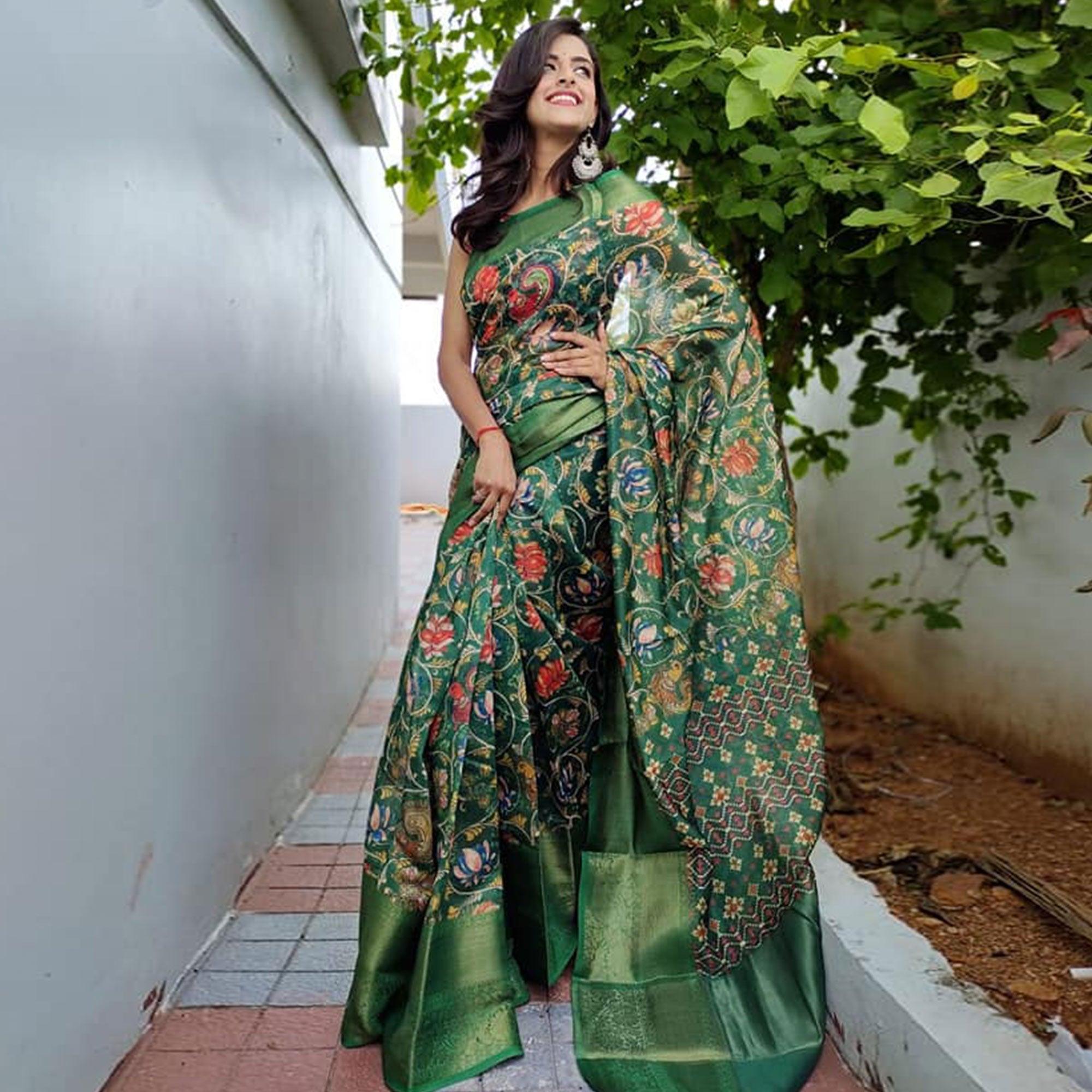 Green Festive Wear Kalamkari Printed Chanderi Silk Saree With Zari Weaving Border - Peachmode