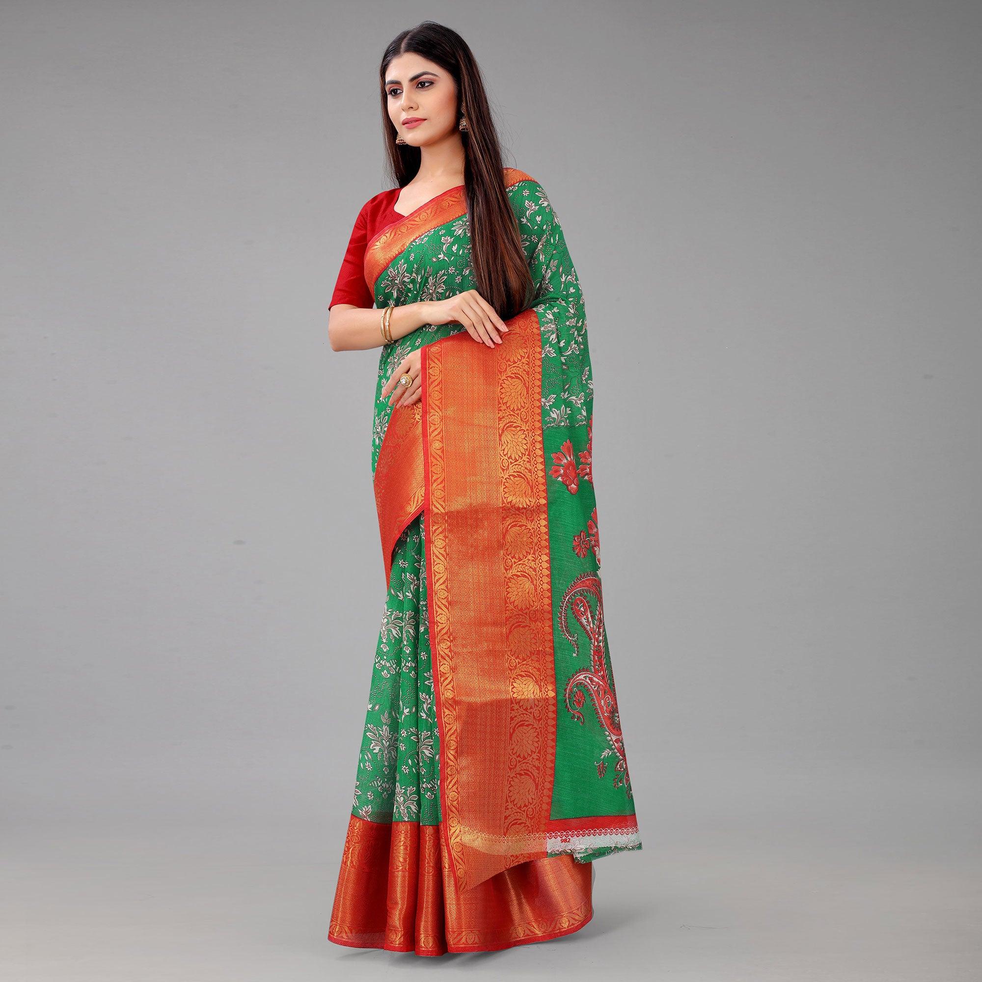 Green Festive Wear Kalamkari Printed Chanderi Silk Saree With Zari Weaving Border - Peachmode