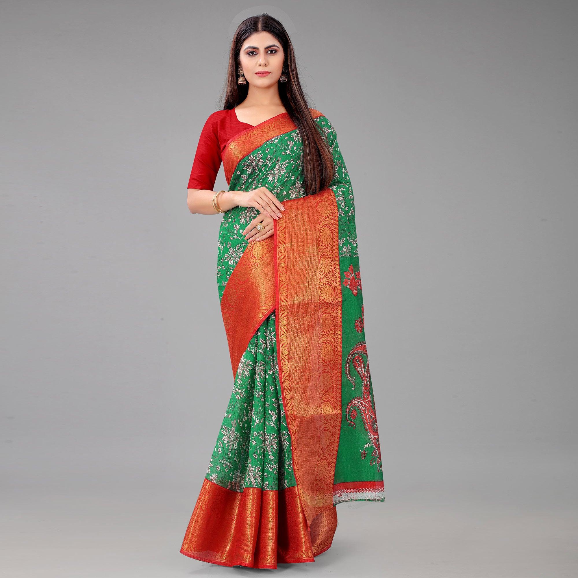 Green Festive Wear Kalamkari Printed Chanderi Silk Saree With Zari Weaving Border - Peachmode