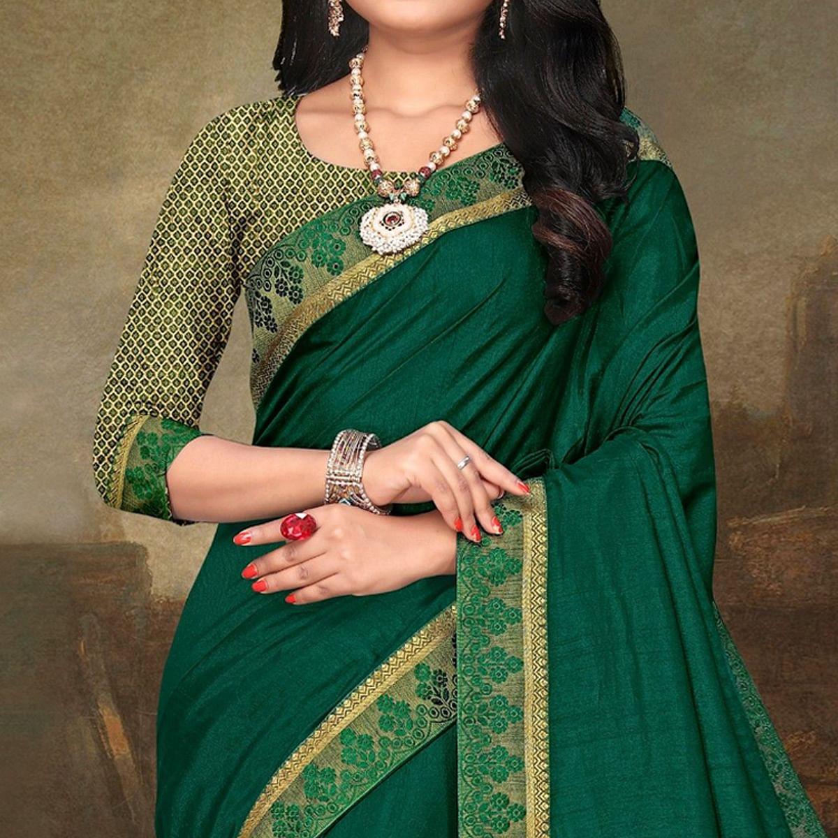 Green Festive Wear Lace Work Silk Saree - Peachmode