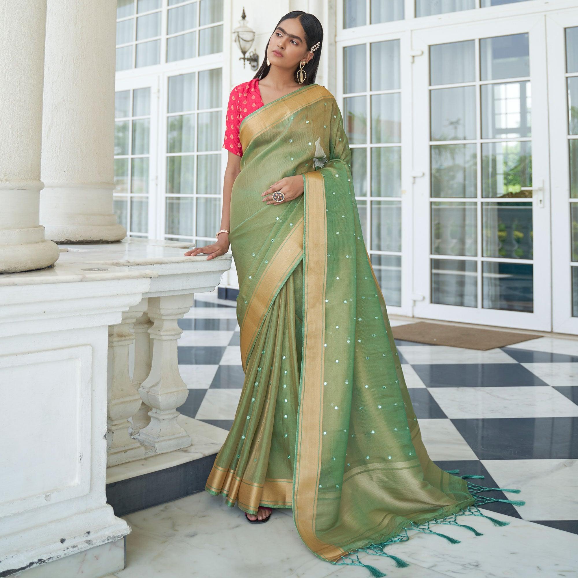 Green Festive Wear Mirror Work Handloom Silk Saree - Peachmode