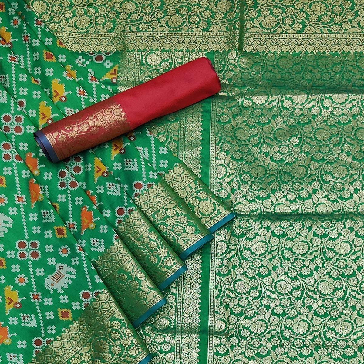 Green Festive Wear Patola Printed Art Silk Saree - Peachmode