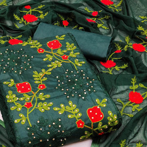 Green Festive Wear Pearl Work Embroidered Cotton Dress Material - Peachmode