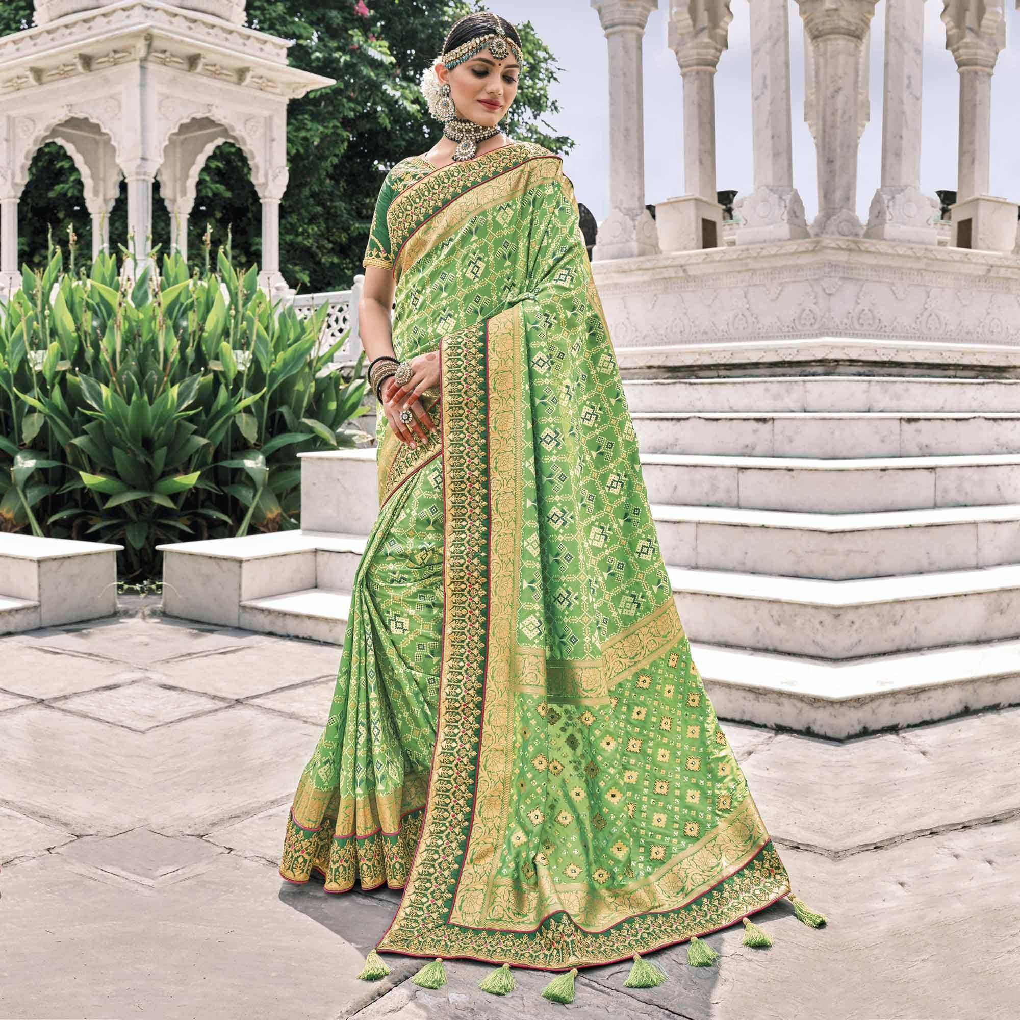 Green Festive Wear Plain & Hand Work Pure Silk Saree - Peachmode