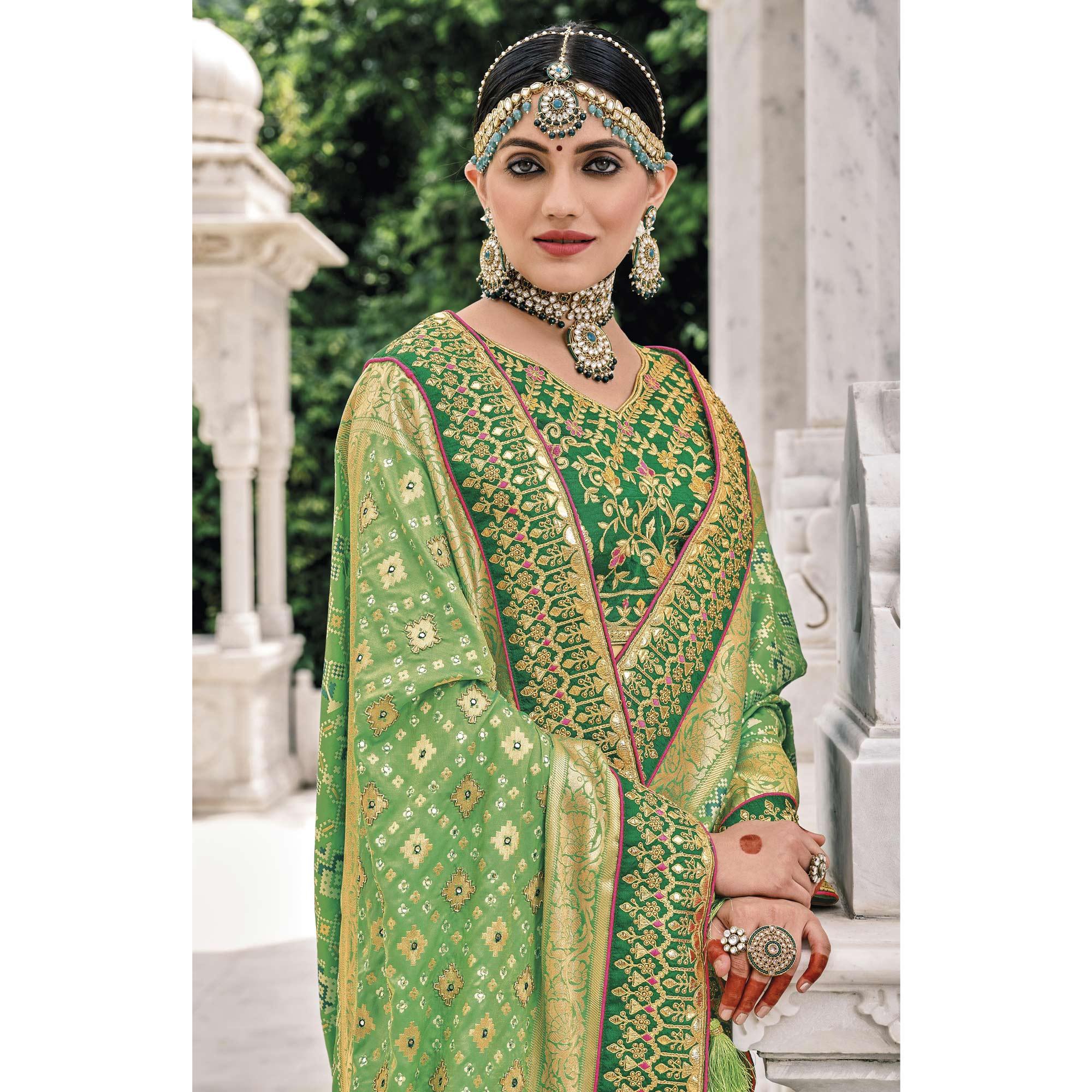 Green Festive Wear Plain & Hand Work Pure Silk Saree - Peachmode