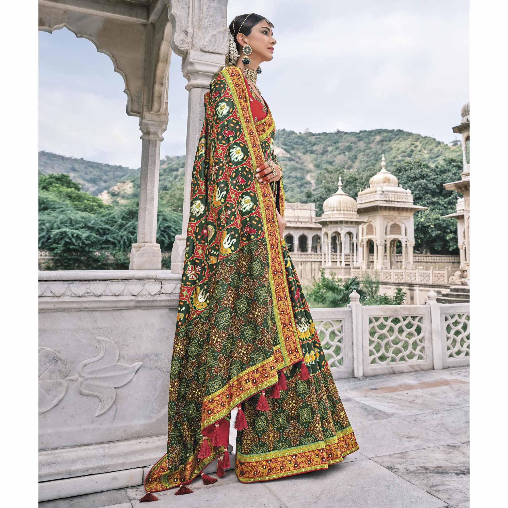 Green Festive Wear Plain & Hand Work Pure Silk Saree - Peachmode