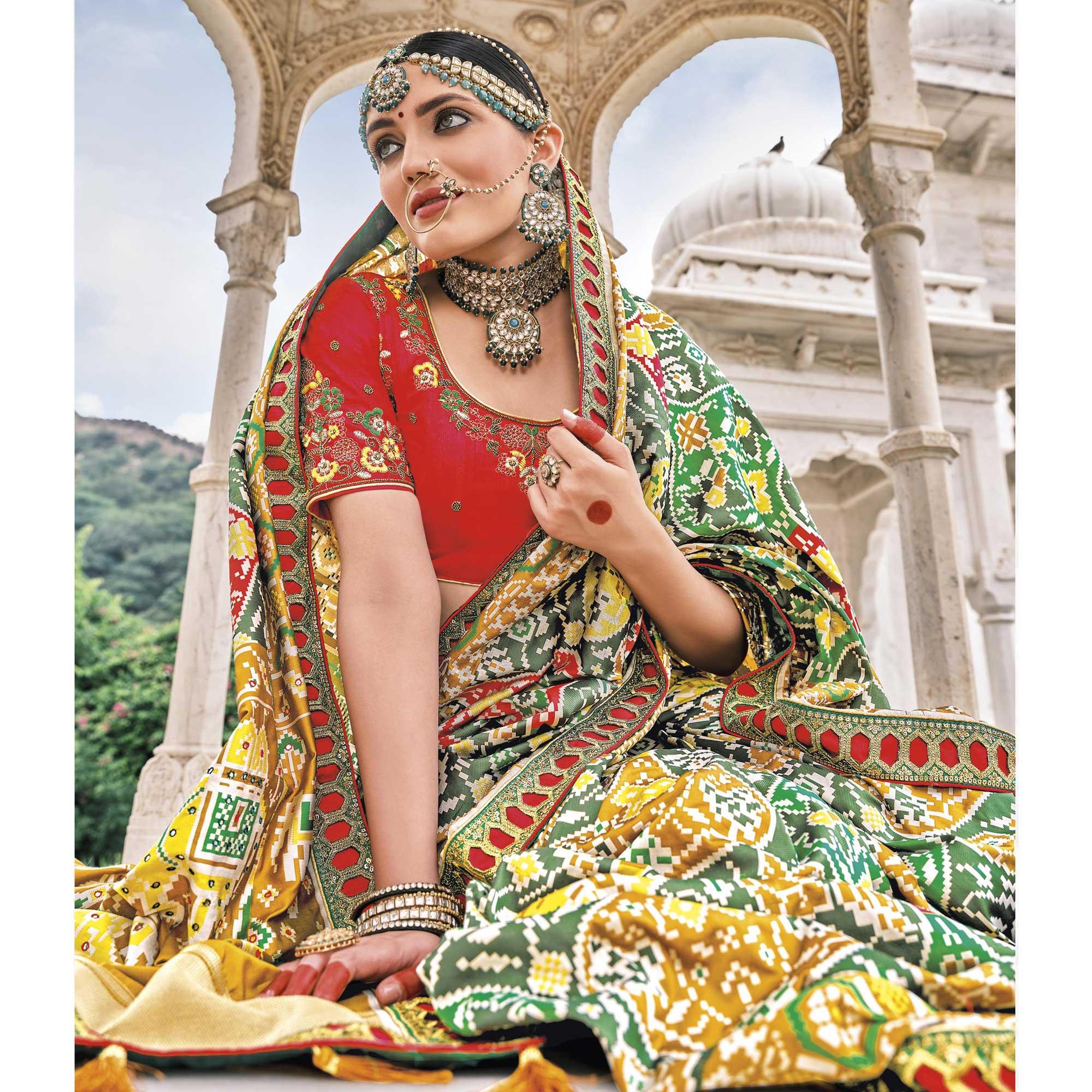 Green Festive Wear Plain & Hand Work Pure Silk Saree - Peachmode