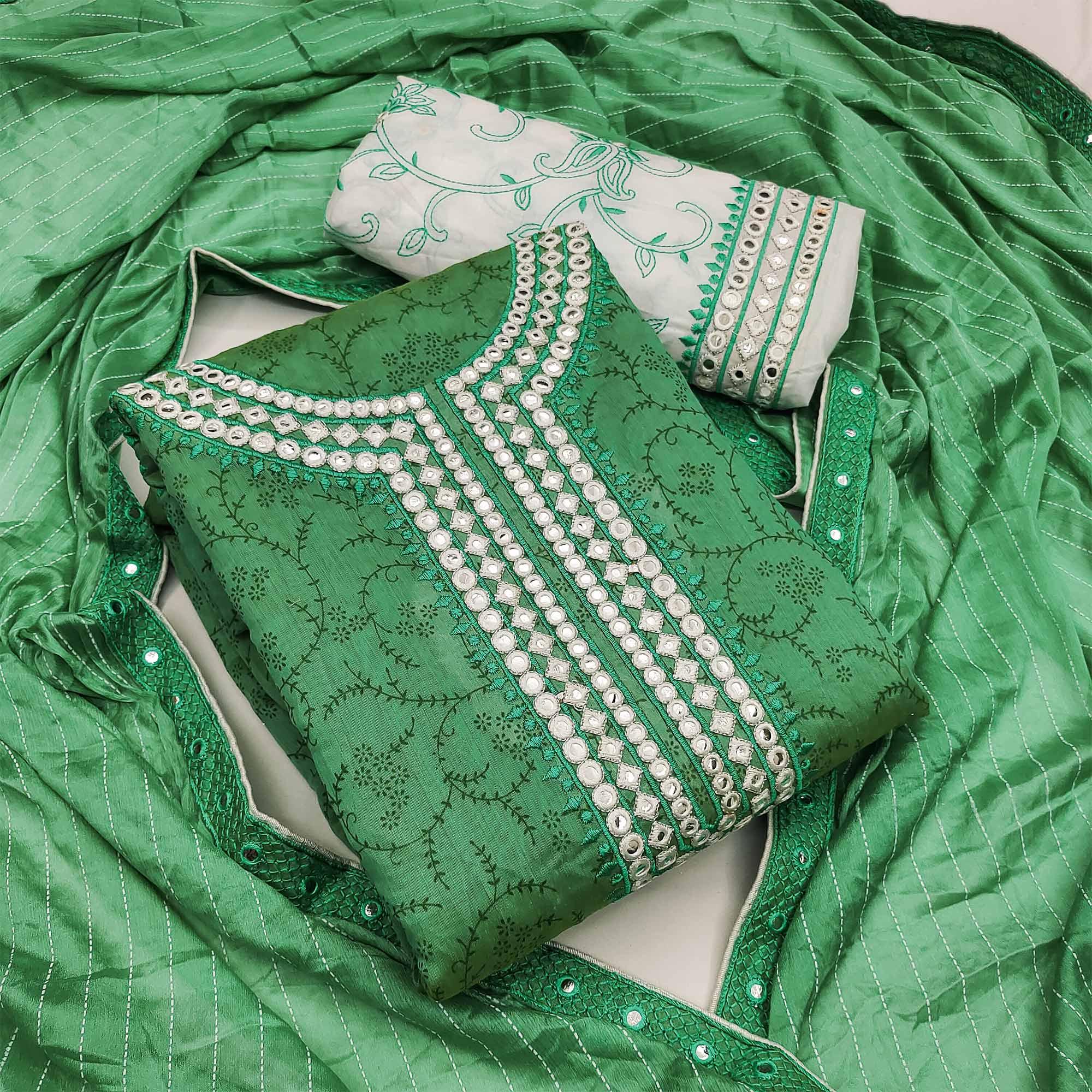 Green Festive Wear Print With Embroidered Chanderi Dress Material - Peachmode