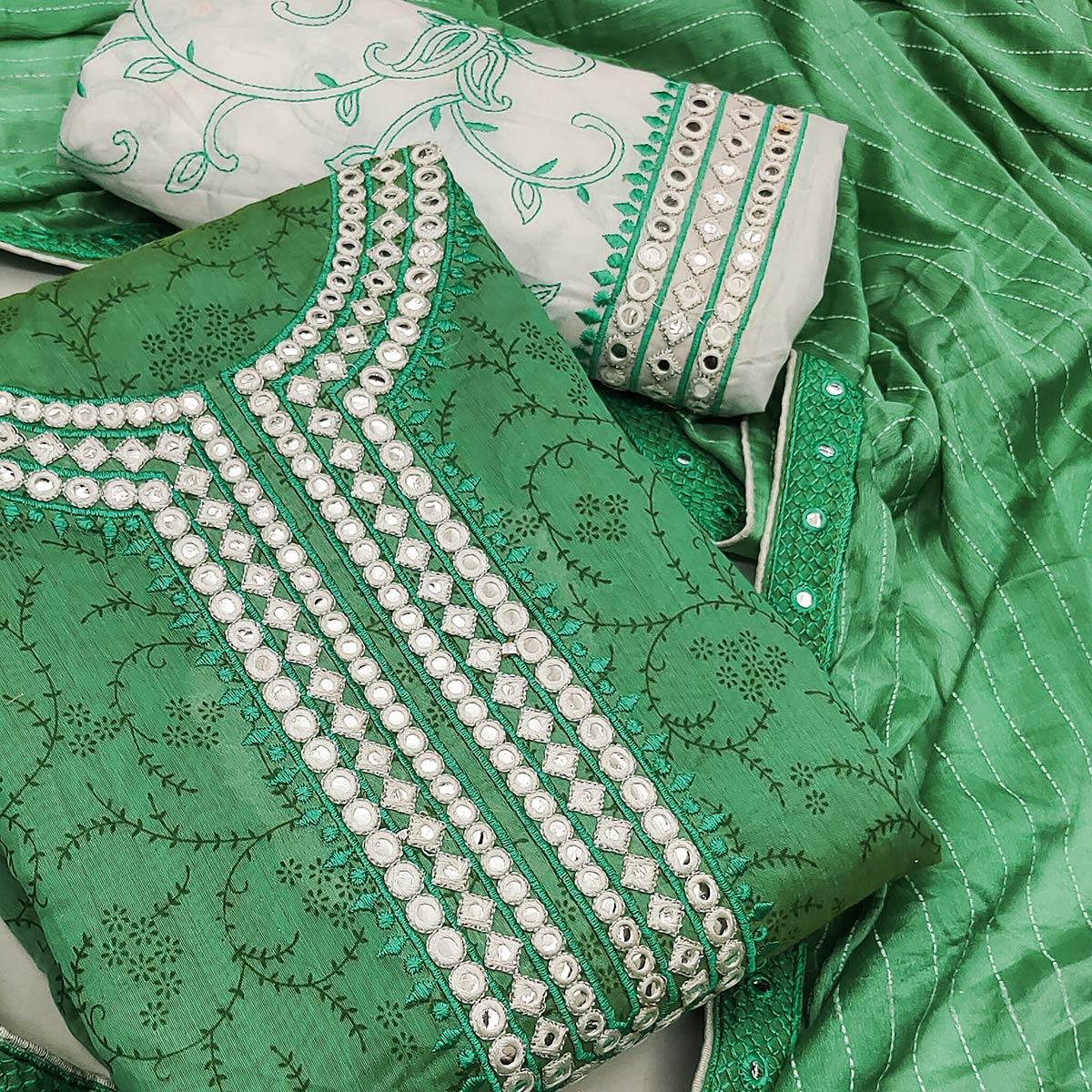 Green Festive Wear Print With Embroidered Chanderi Dress Material - Peachmode