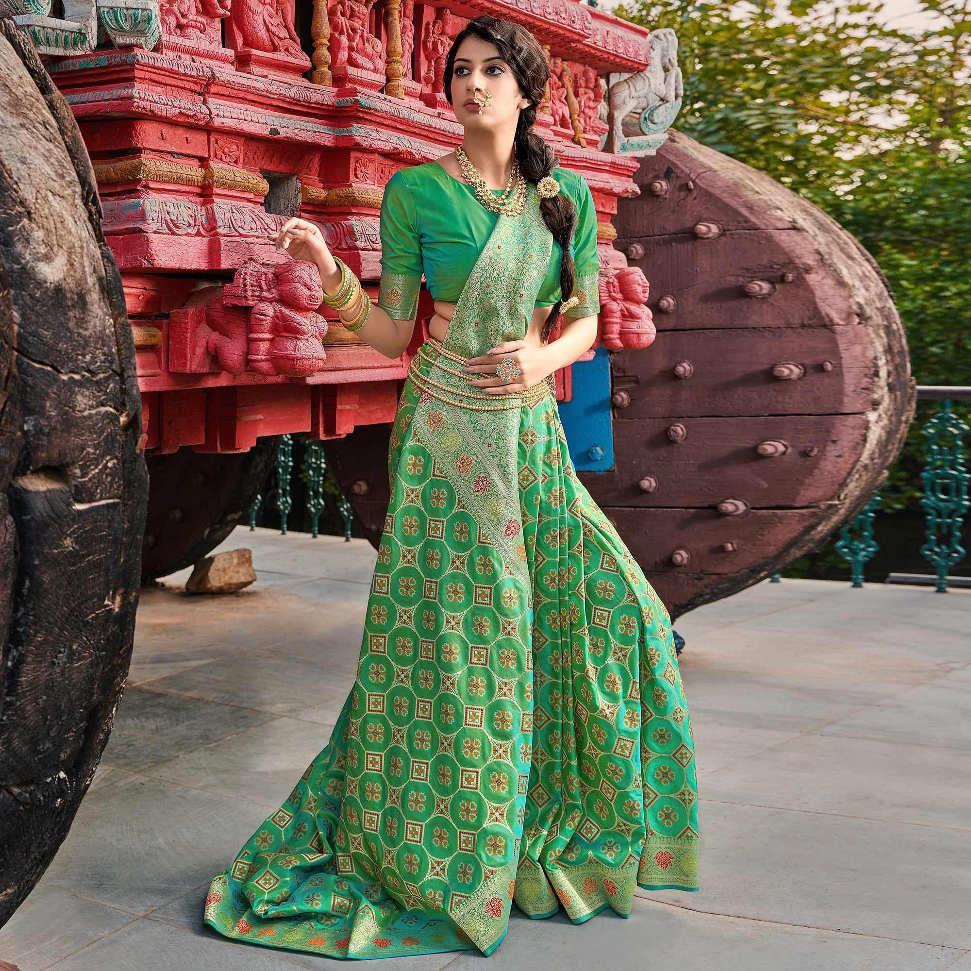 Green Festive Wear Printed Banarasi Soft Silk Saree - Peachmode