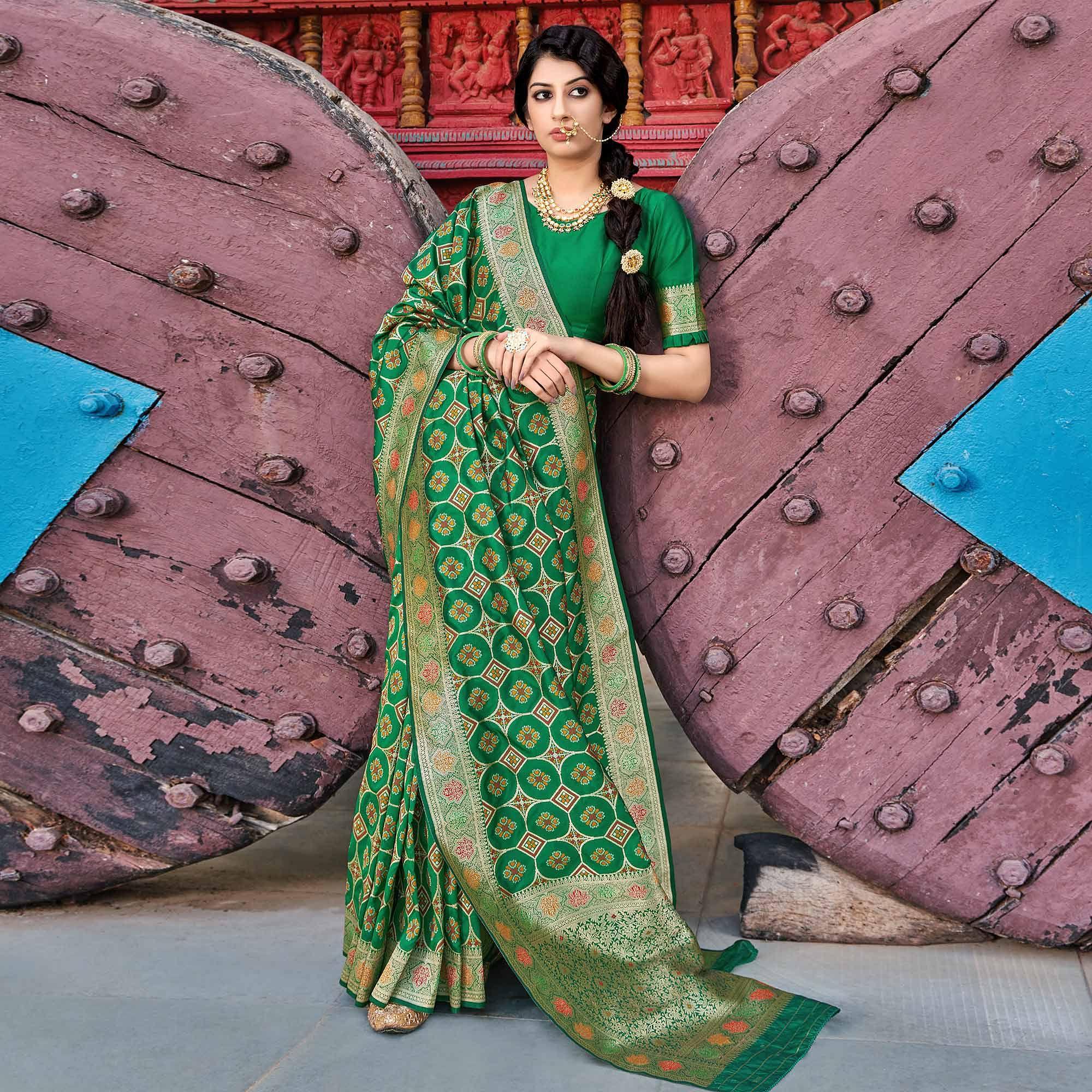 Green Festive Wear Printed Banarasi Soft Silk Saree - Peachmode