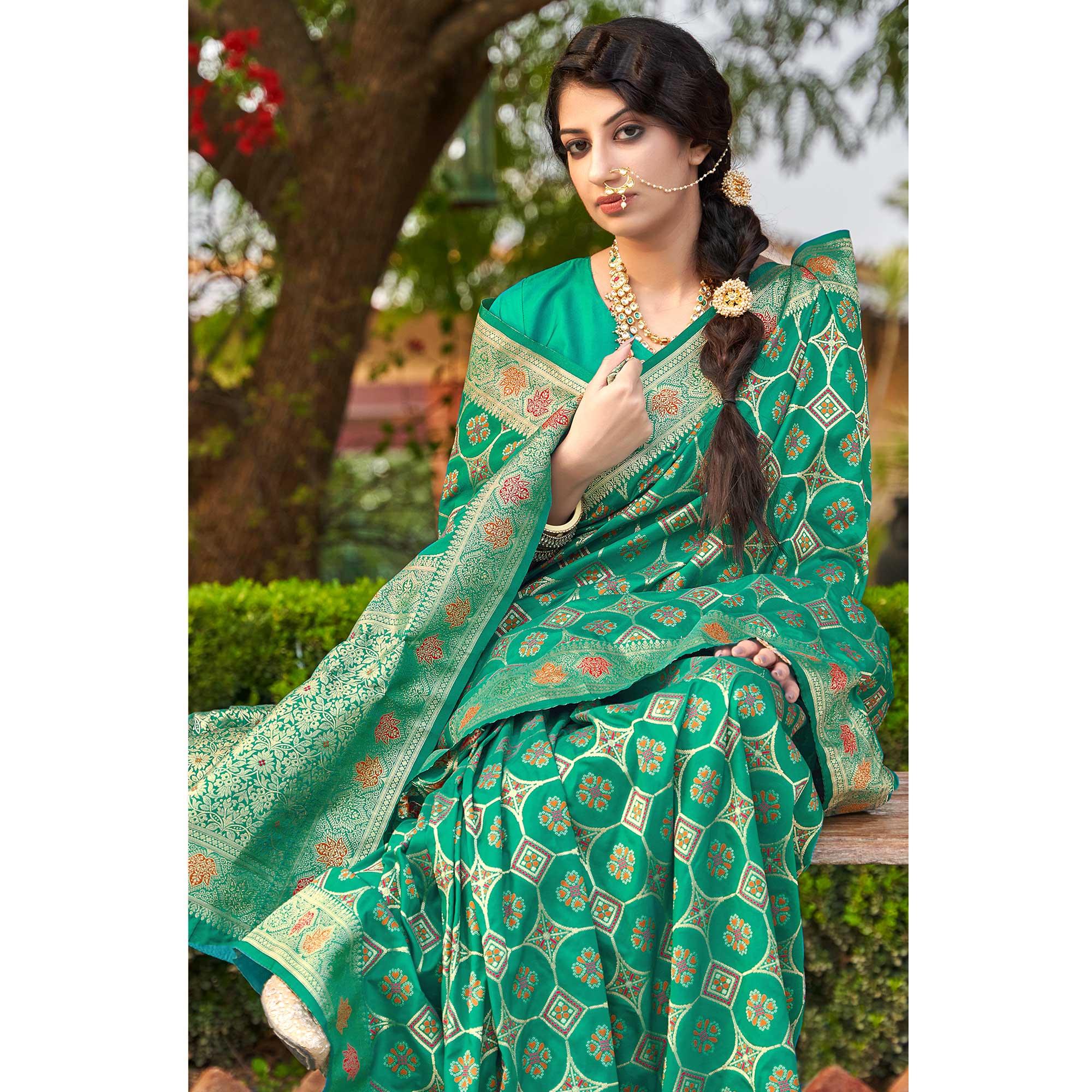 Green Festive Wear Printed Banarasi Soft Silk Saree - Peachmode