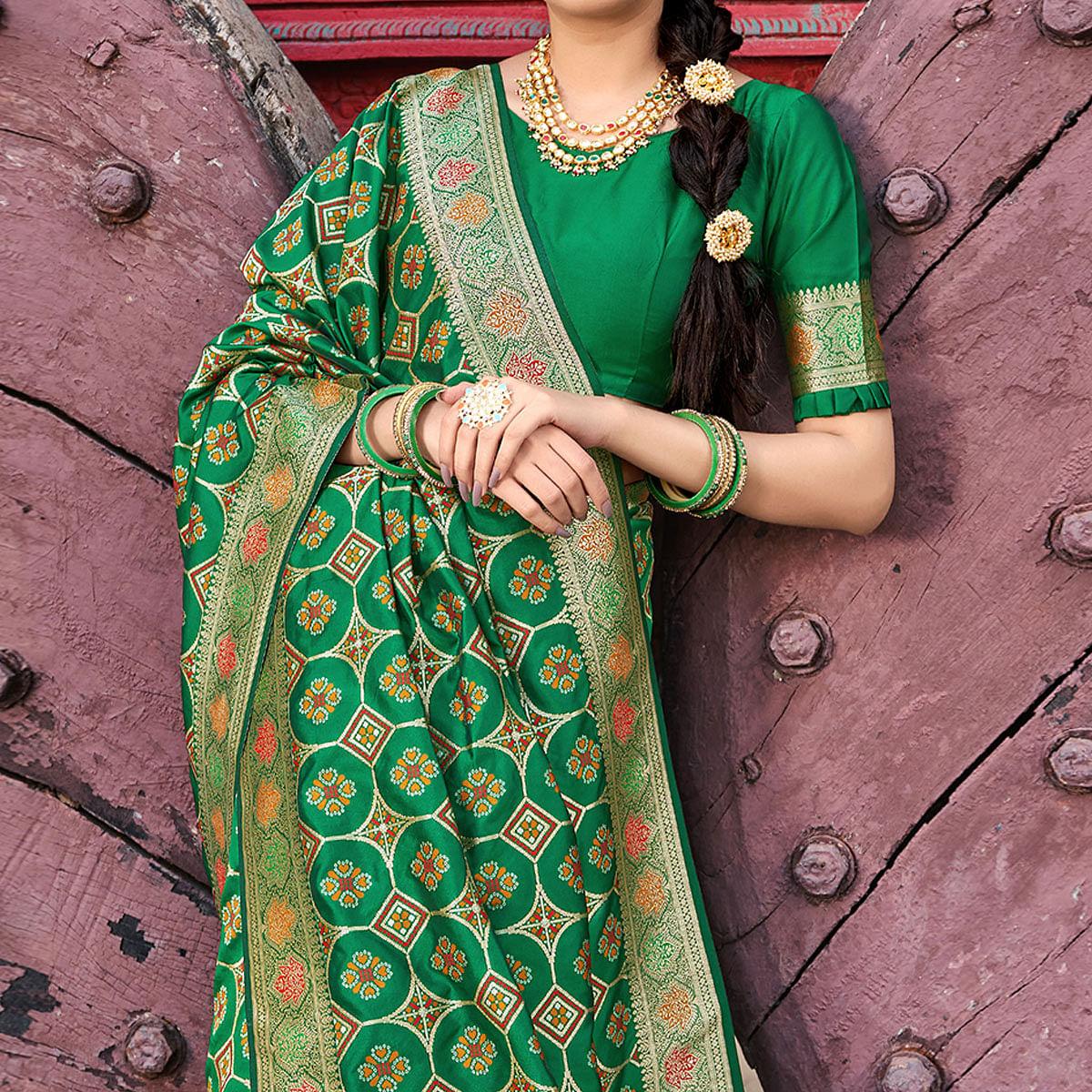 Green Festive Wear Printed Banarasi Soft Silk Saree - Peachmode
