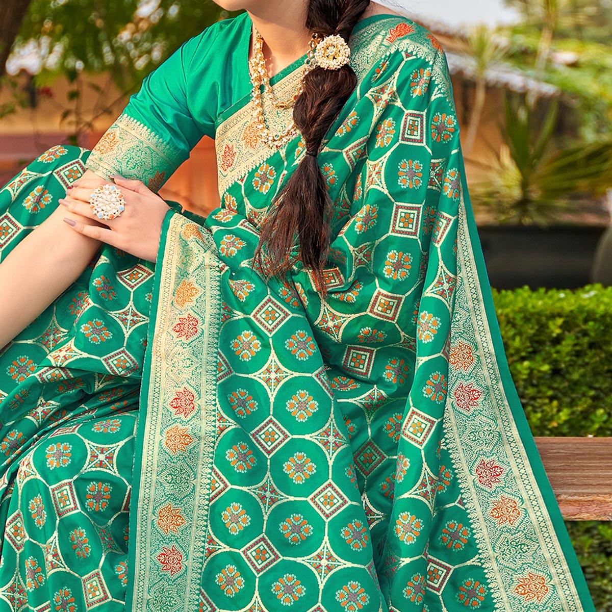 Green Festive Wear Printed Banarasi Soft Silk Saree - Peachmode