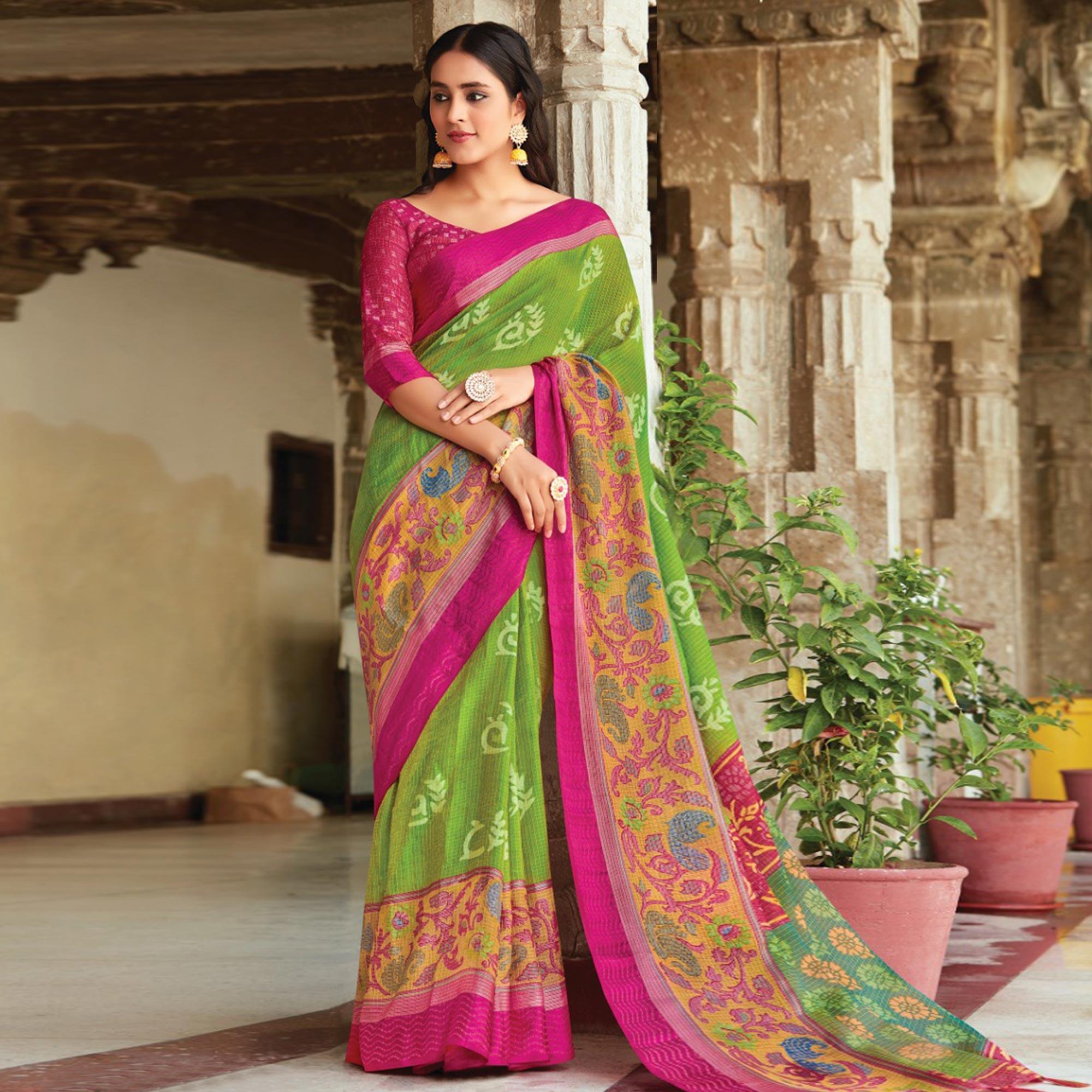 Green Festive Wear Printed Brasso Saree - Peachmode