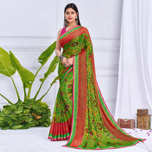 Green Festive Wear Printed Brasso Saree - Peachmode