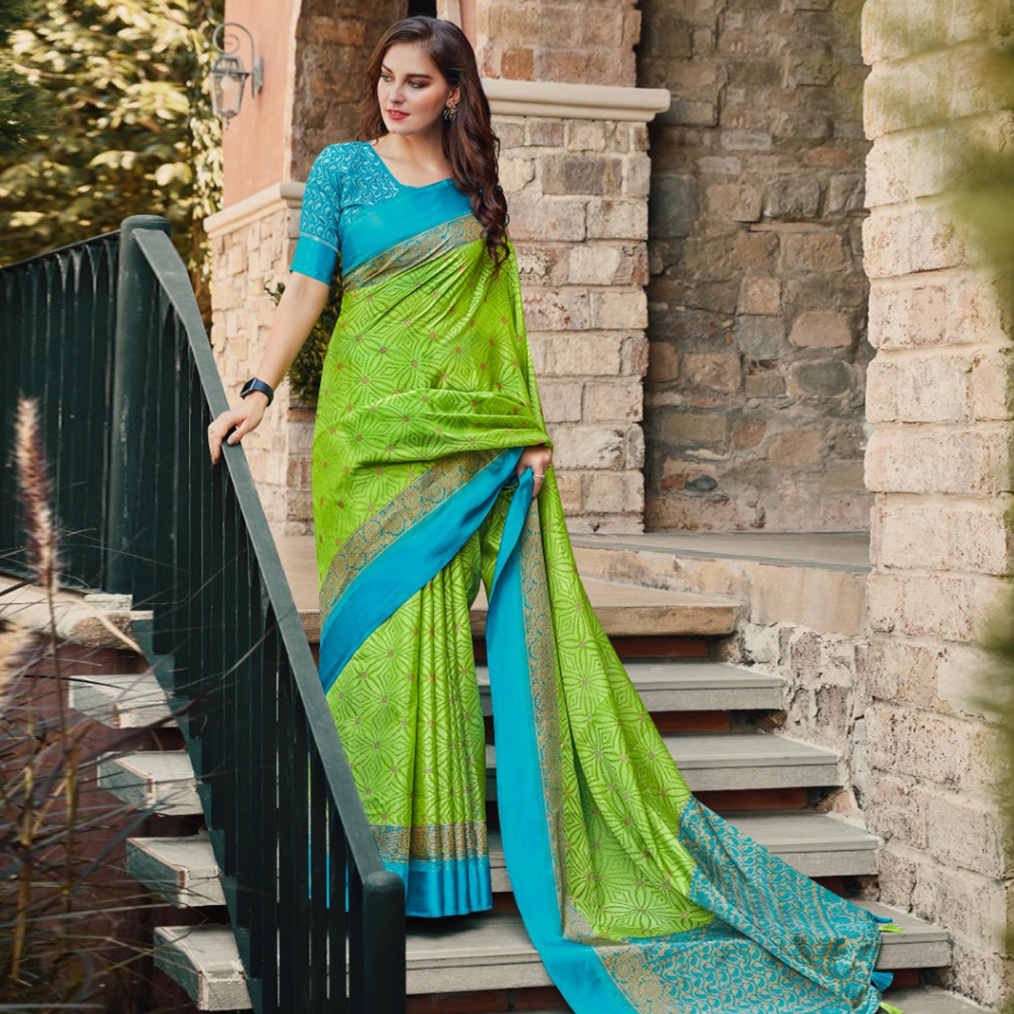 Green Festive Wear Printed Brasso Saree - Peachmode