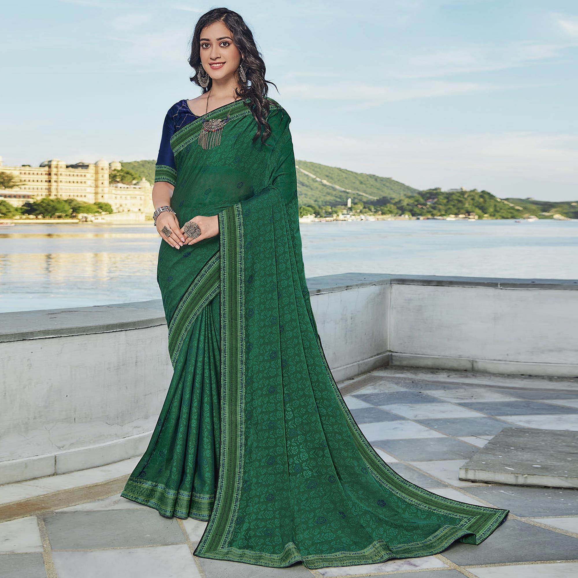 Green Festive Wear Printed Brasso Saree - Peachmode