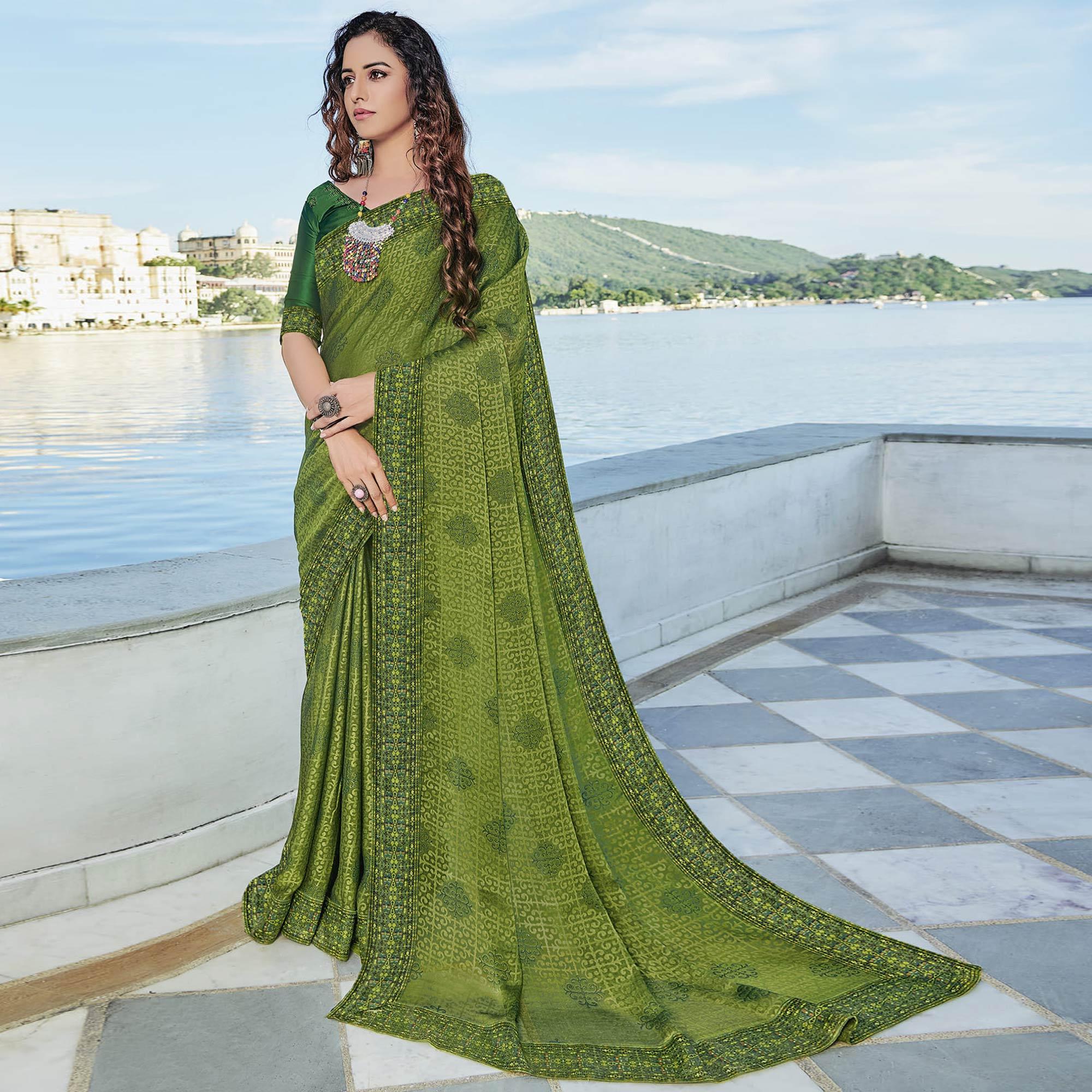 Green Festive Wear Printed Brasso Saree - Peachmode