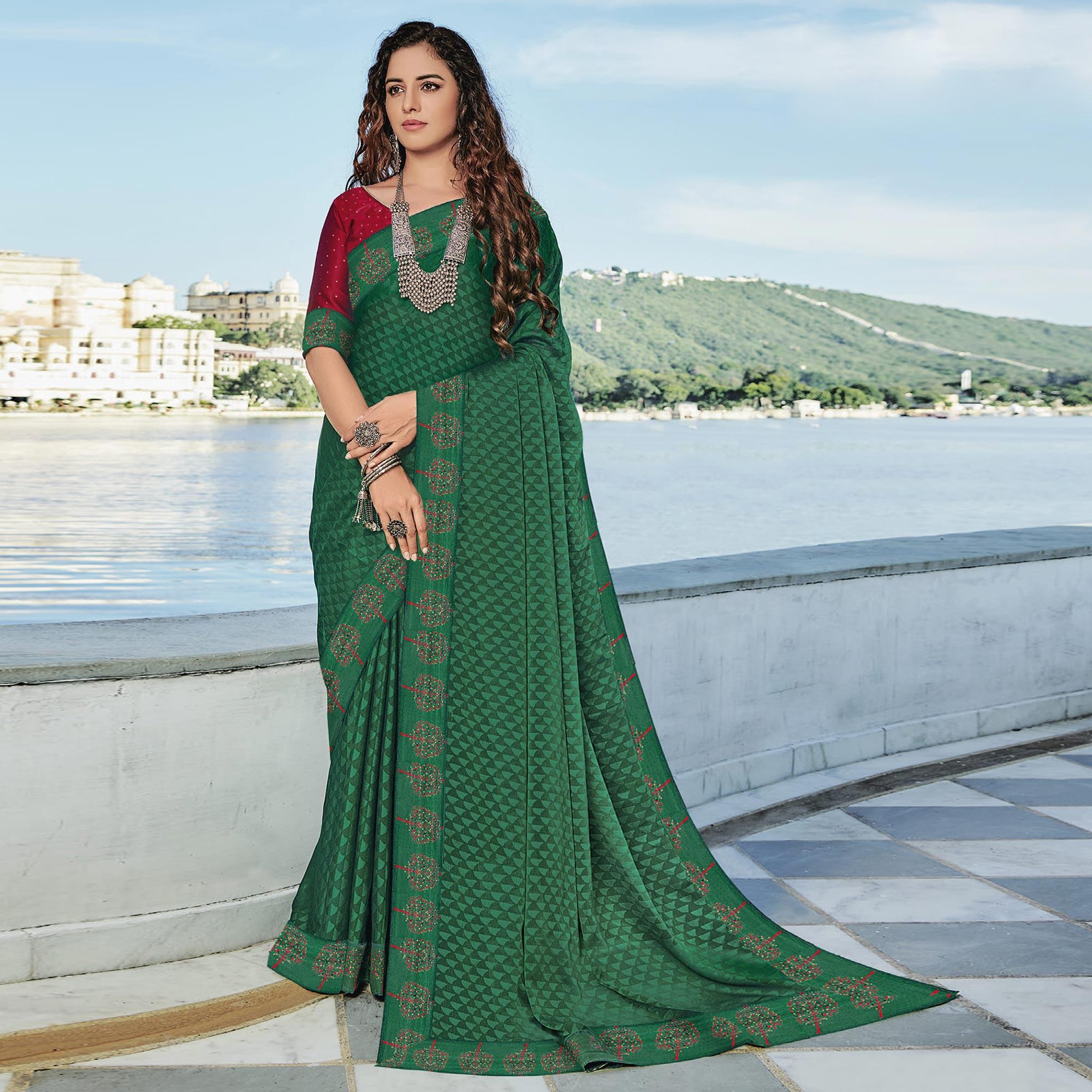 Green Festive Wear Printed Brasso Saree - Peachmode